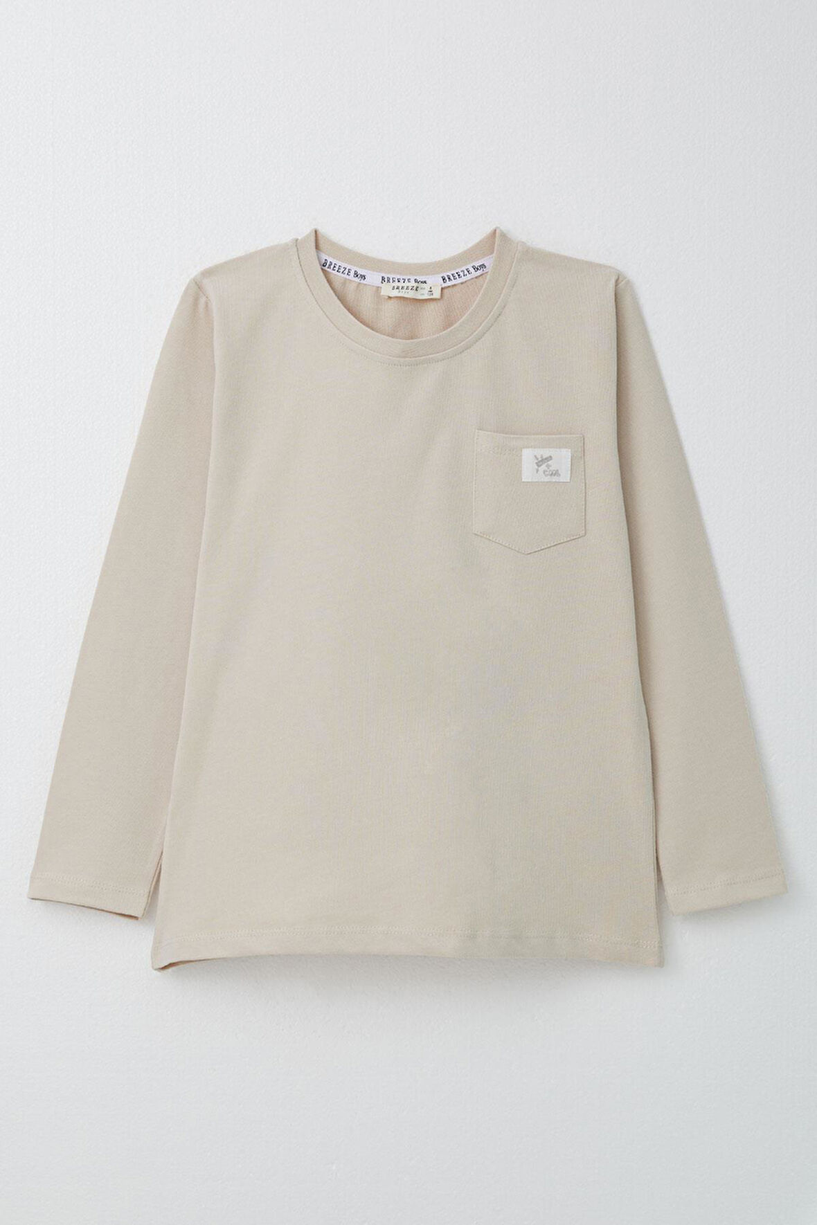 Breeze Erkek Çocuk Uzun Kollu Tişört Cool Yazı Armalı Cepli 4-8 Yaş, Bej