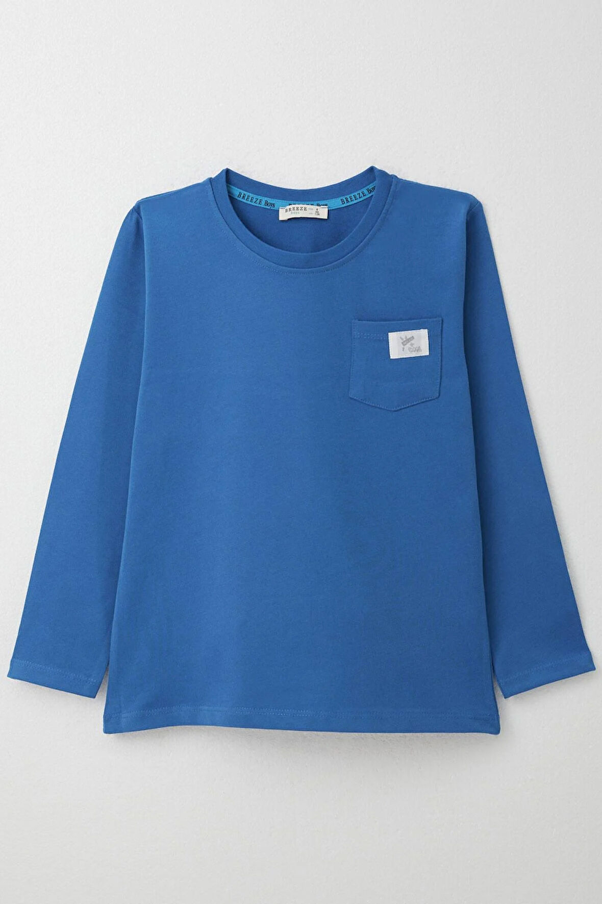 Breeze Erkek Çocuk Uzun Kollu Tişört Cool Yazı Armalı Cepli 4-8 Yaş, Saks Mavisi