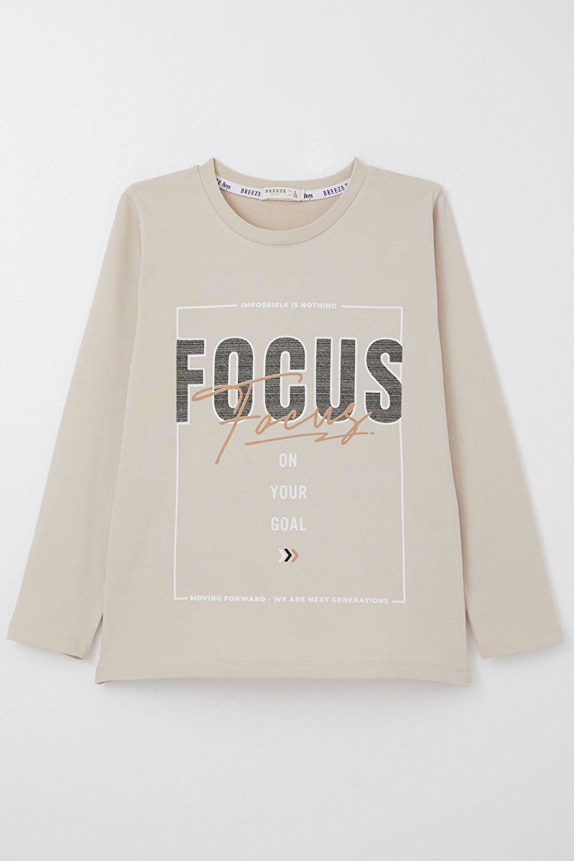 Breeze Erkek Çocuk Uzun Kollu Tişört Slogan Temalı Yazı Baskılı 6-12 Yaş, Bej