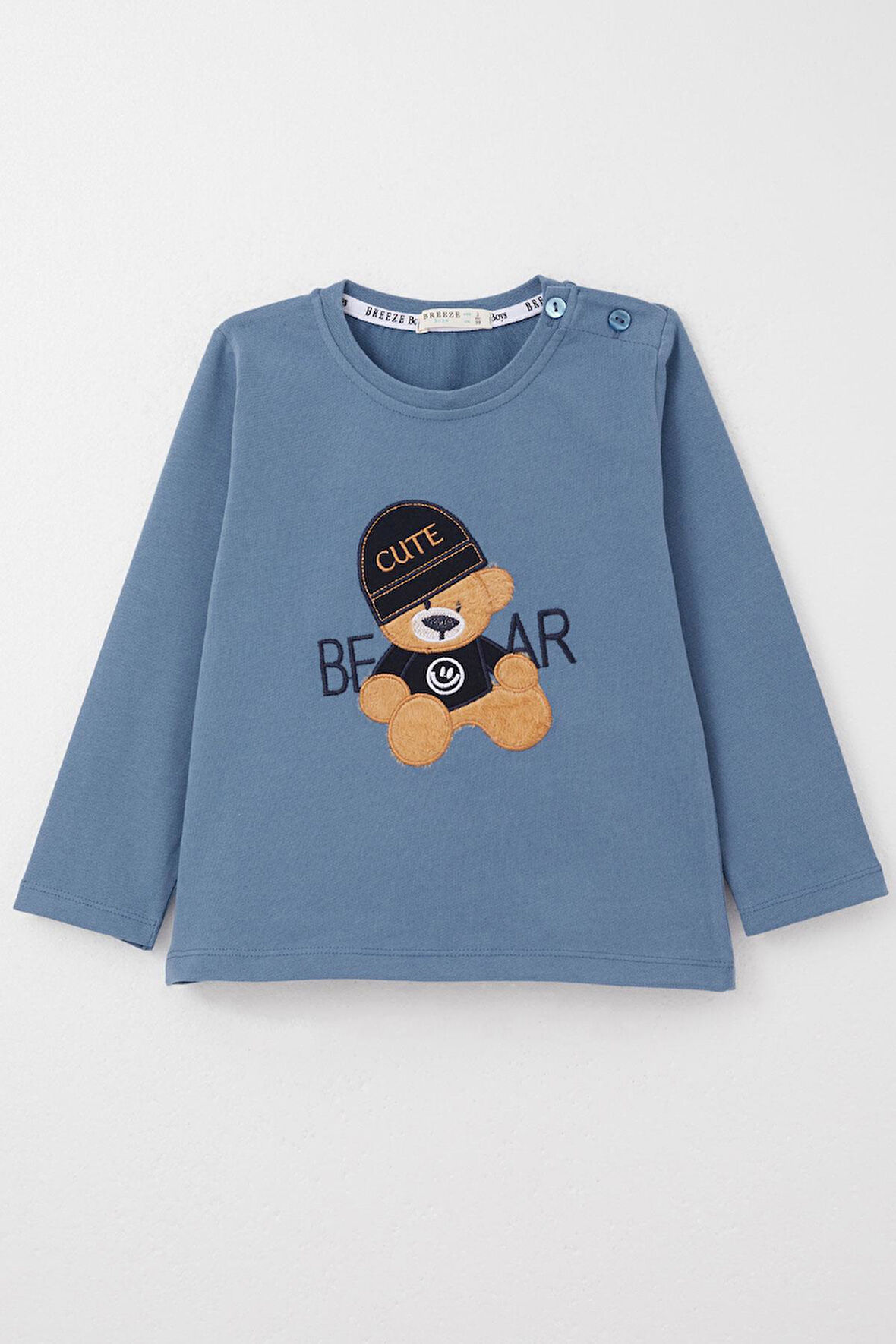 Breeze Erkek Bebek Uzun Kollu Tişört Havalı Ayıcık Nakışlı 9 Ay-3 Yaş, İndigo