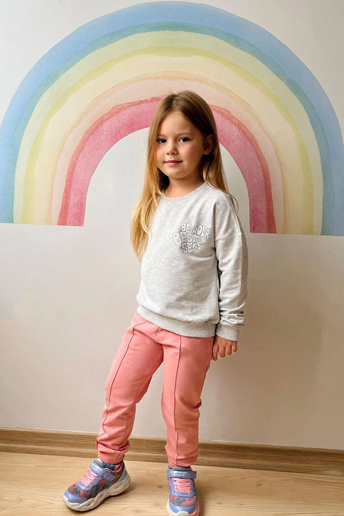 Breeze Kız Çocuk Eşofman Takım Yazı Baskılı Sırtı Çiçekli 4-9 Yaş, Açık Gri Melanj