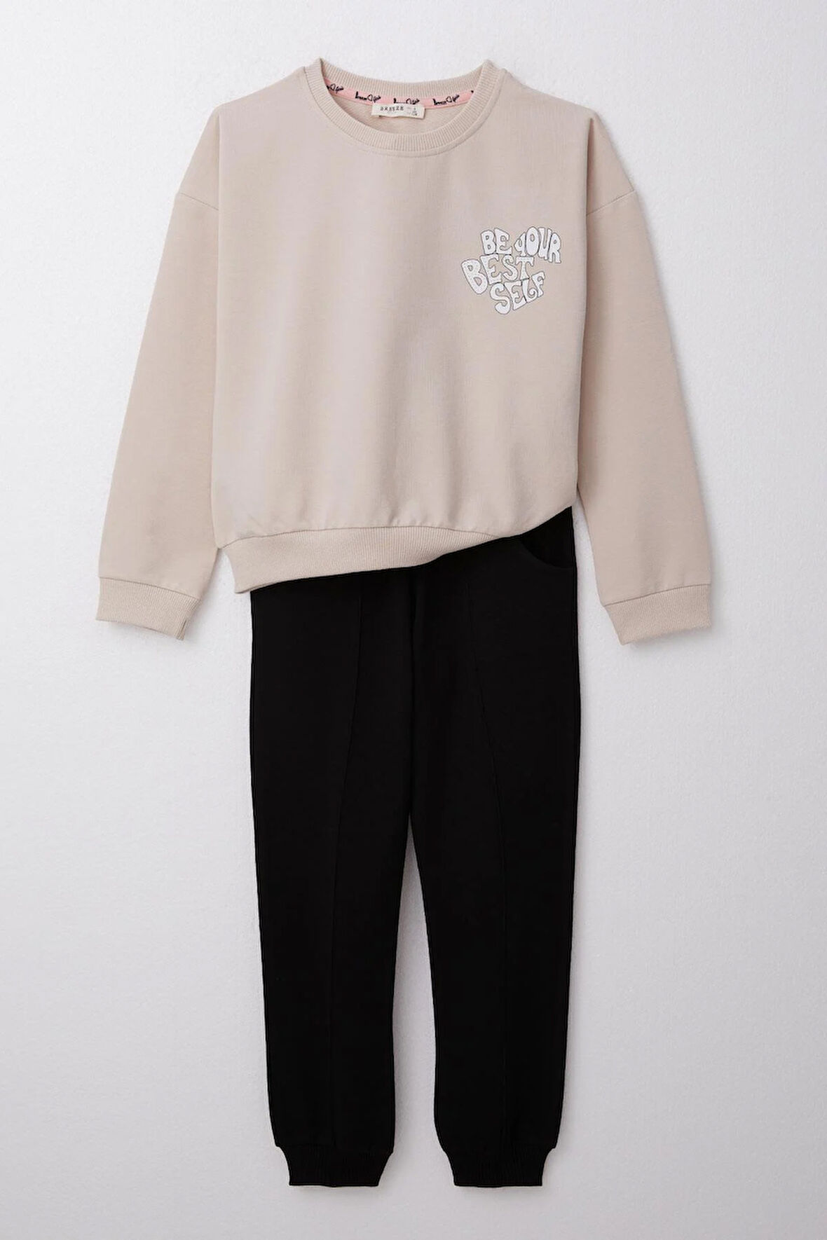 Breeze Kız Çocuk Eşofman Takım Yazı Baskılı Sırtı Çiçekli 4-9 Yaş, Bej