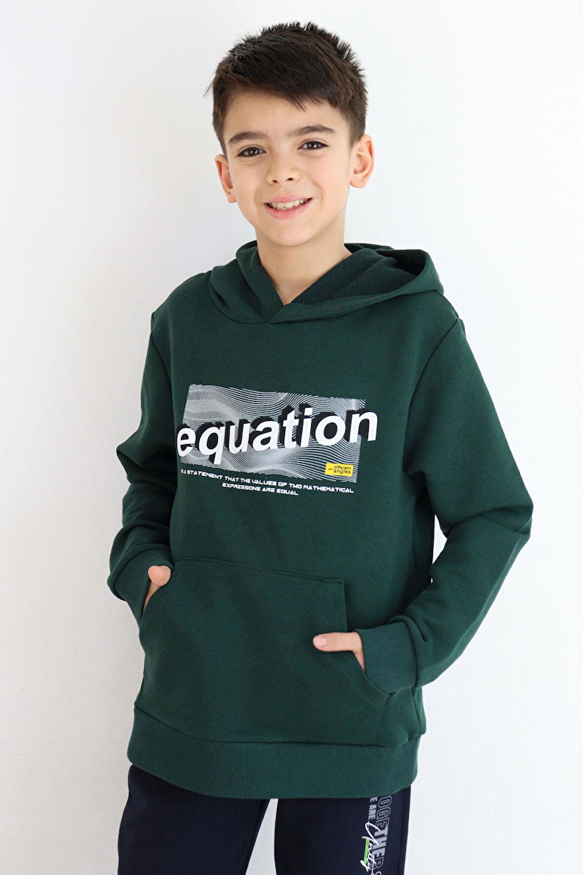 Breeze Erkek Çocuk Sweatshirt Yazı Baskılı Kanguru Cepli Kapüşonlu 8-14 Yaş, Koyu Yeşil