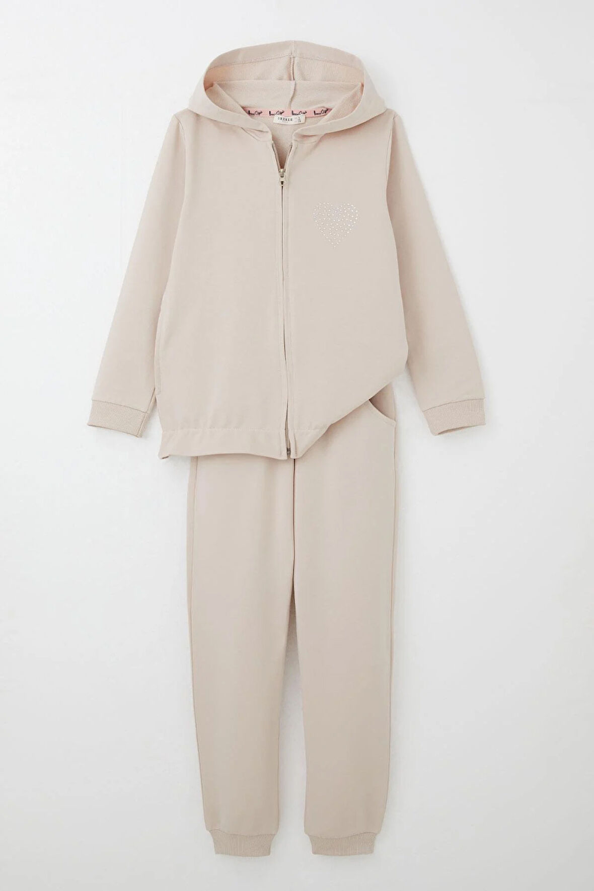 Breeze Kız Çocuk Eşofman Takım Taş İşlemeli Kalp 4-9 Yaş, Bej