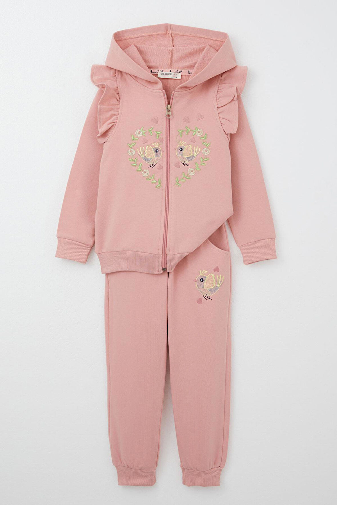 Breeze Kız Çocuk Eşofman Takım Çiçek & Kuş Nakışlı 1.5-5 Yaş, Gülkurusu