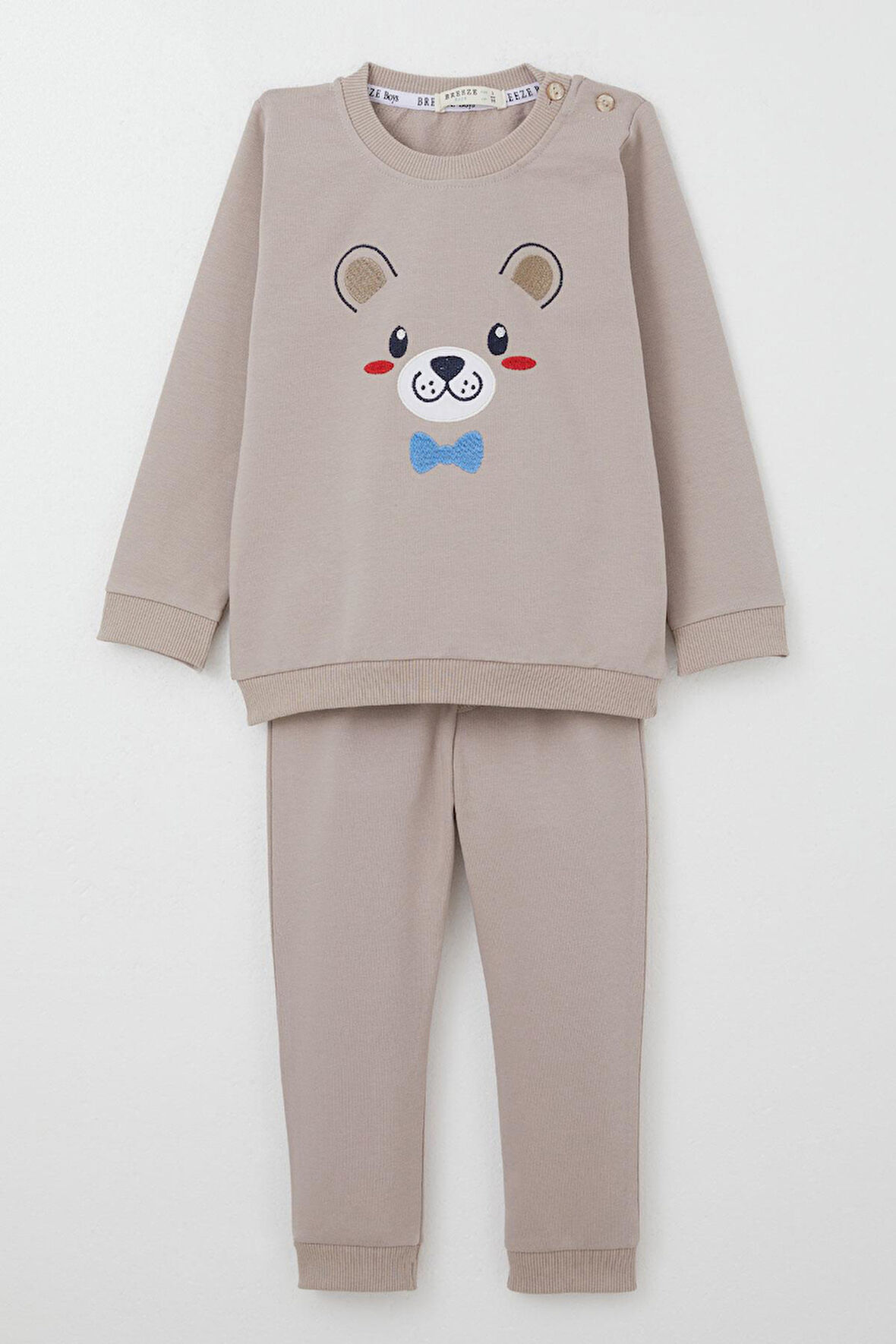 Breeze Erkek Bebek Eşofman Takım Mutlu Köpekçik Nakışlı 9 Ay-3 Yaş, Vizon