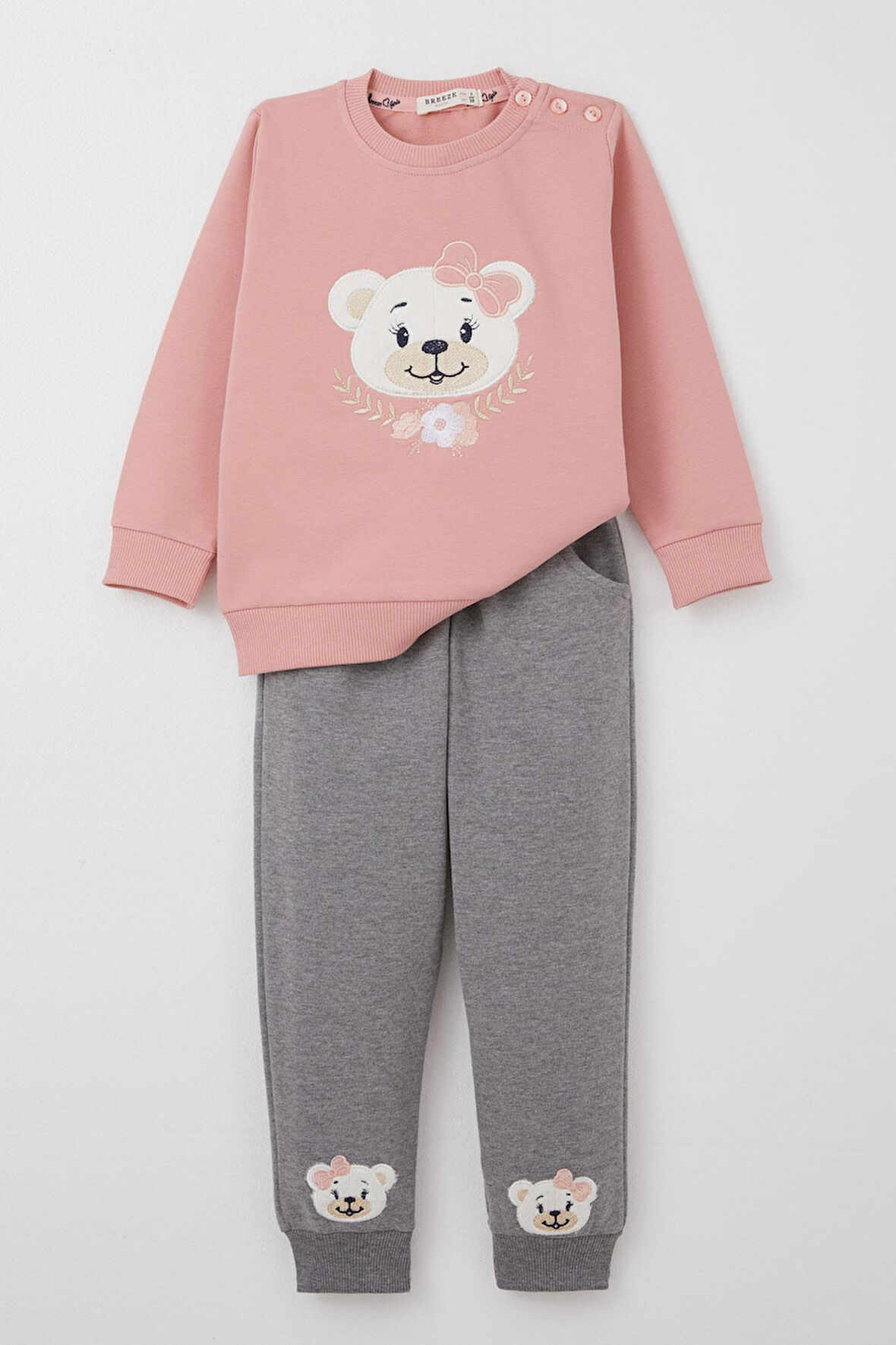 Breeze Kız Bebek Eşofman Takım Sevimli Ayıcık Nakışlı Çiçekli 9 Ay-3 Yaş, Gülkurusu