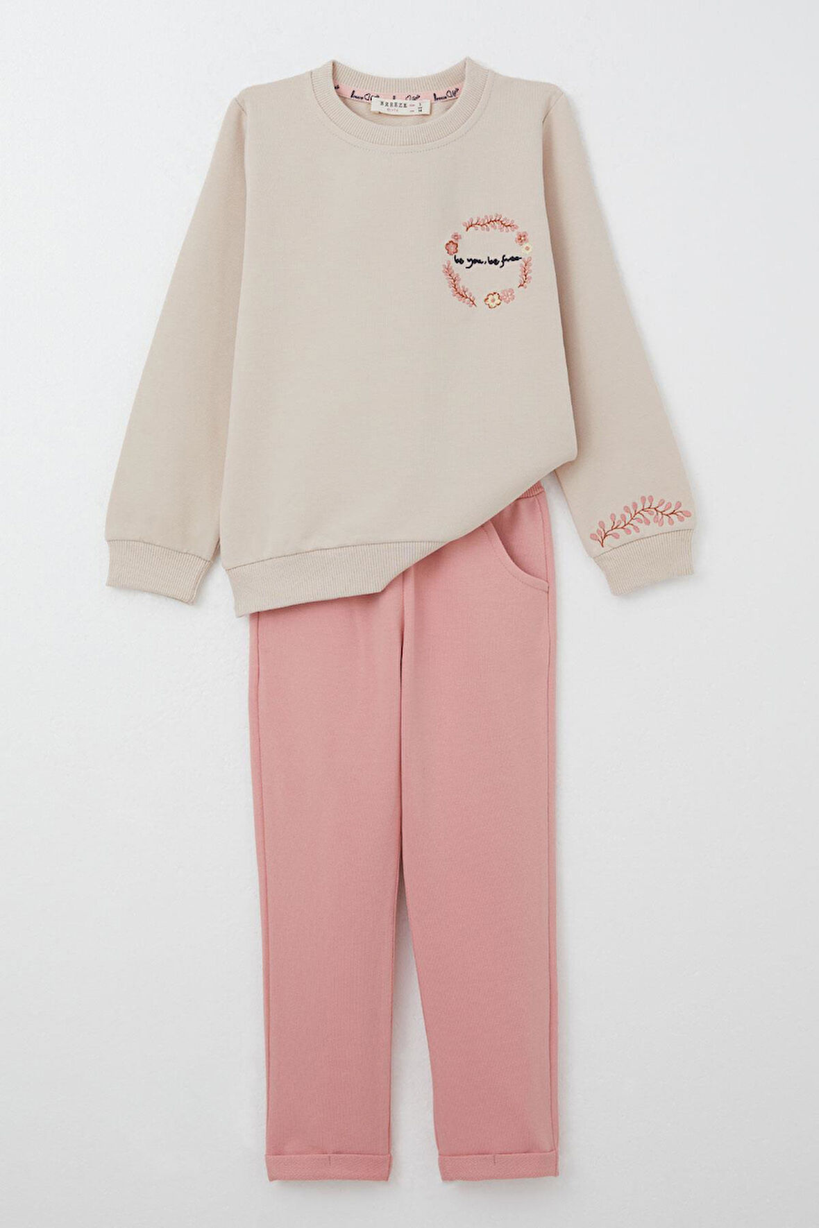 Breeze Kız Çocuk Eşofman Takım Çiçek Nakışlı 1.5-5 Yaş, Bej