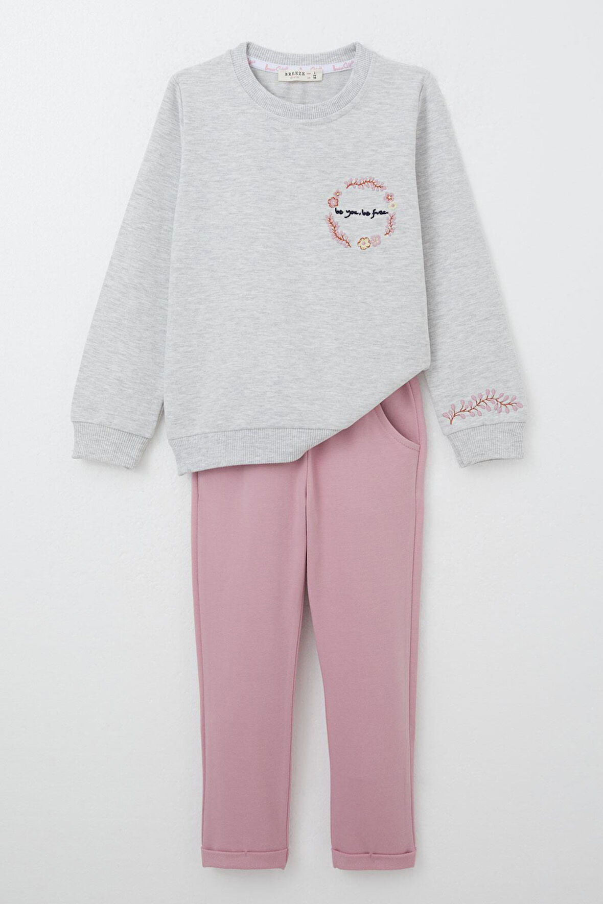 Breeze Kız Çocuk Eşofman Takım Çiçek Nakışlı 1.5-5 Yaş, Açık Gri Melanj