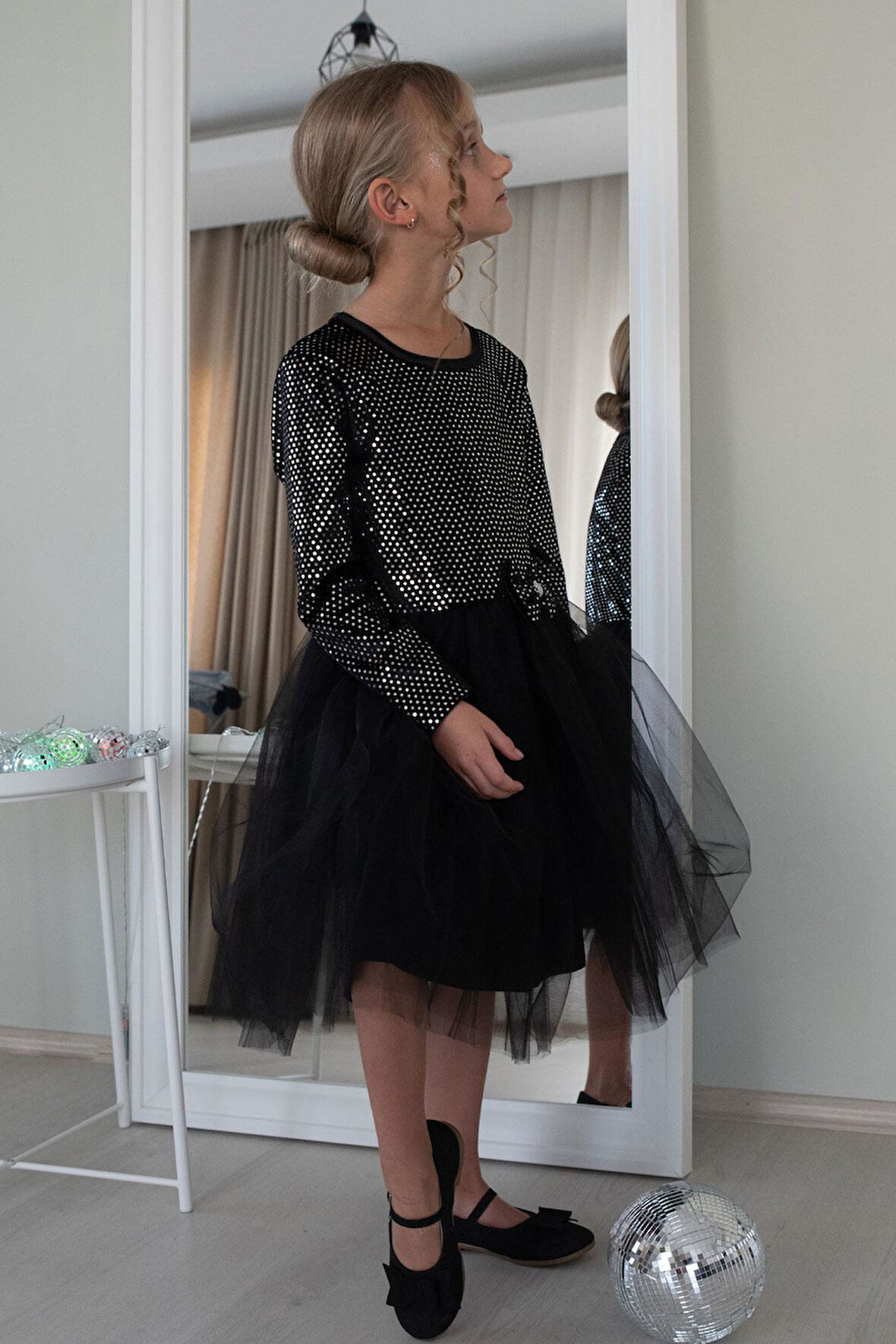 Breeze Kız Çocuk Uzun Kollu Elbise Kadife Pullu 5-10 Yaş, Siyah