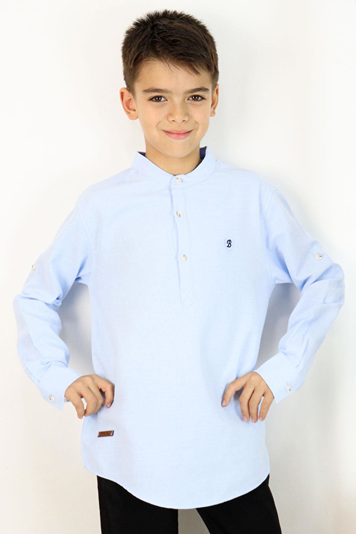 Breeze Erkek Çocuk Gömlek Harf Nakışlı Yarım Düğmeli 8-12 Yaş, Açık Mavi