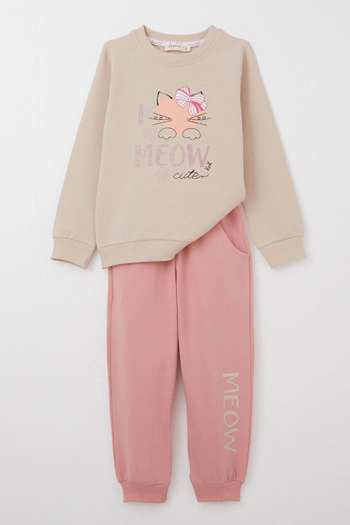 Breeze Kız Çocuk Eşofman Takım Sevimli Fiyonklu Kedi Baskılı 1.5-5 Yaş, Bej