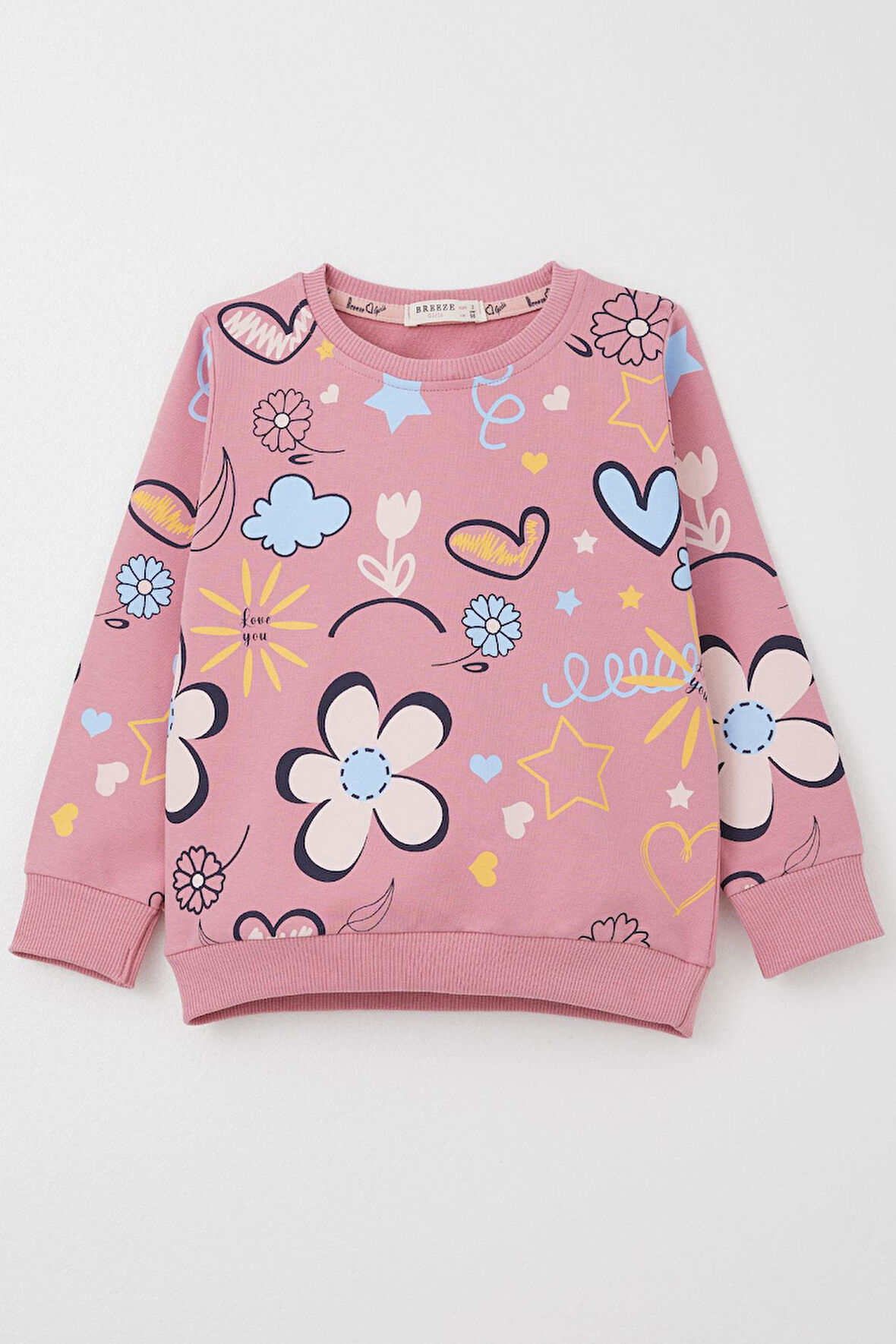 Breeze Kız Çocuk Sweatshirt Bahar Temalı Çicek Desenli 2-6 Yaş, Gülkurusu