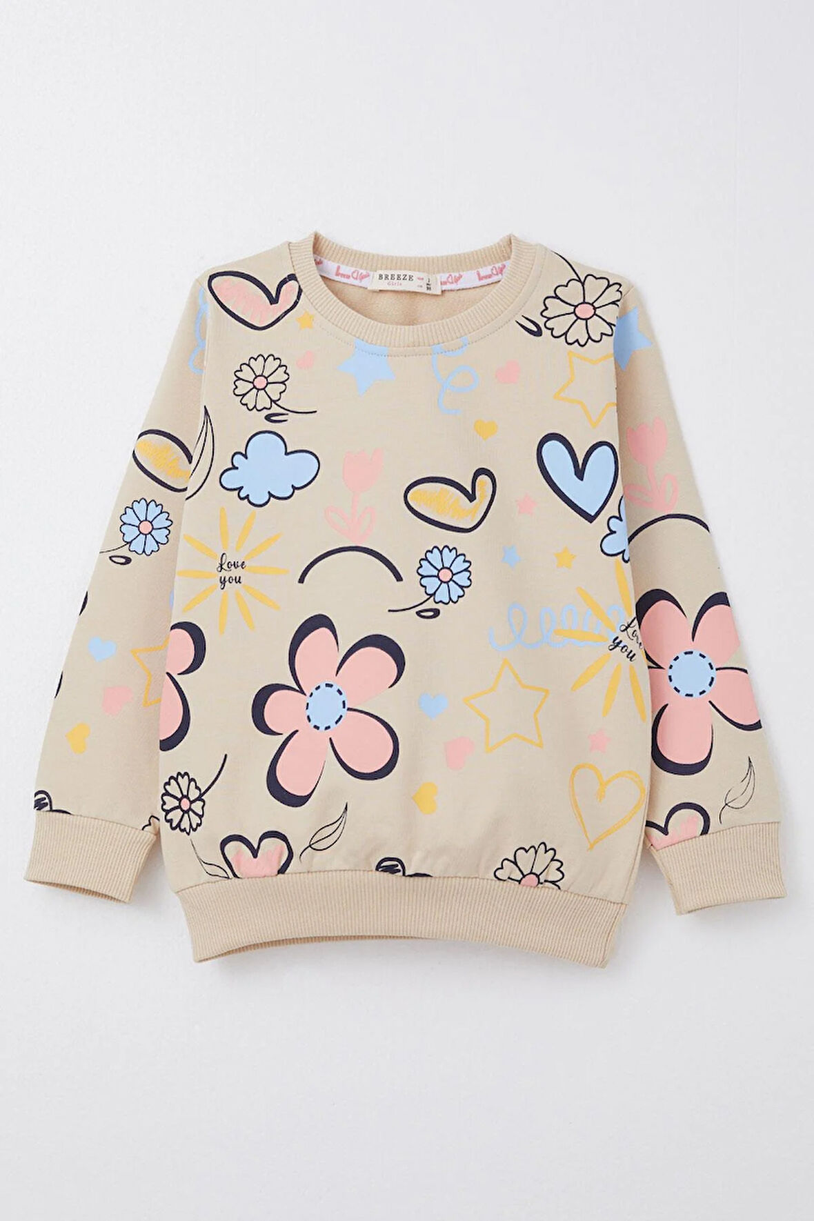 Breeze Kız Çocuk Sweatshirt Bahar Temalı Çicek Desenli 2-6 Yaş, Bej