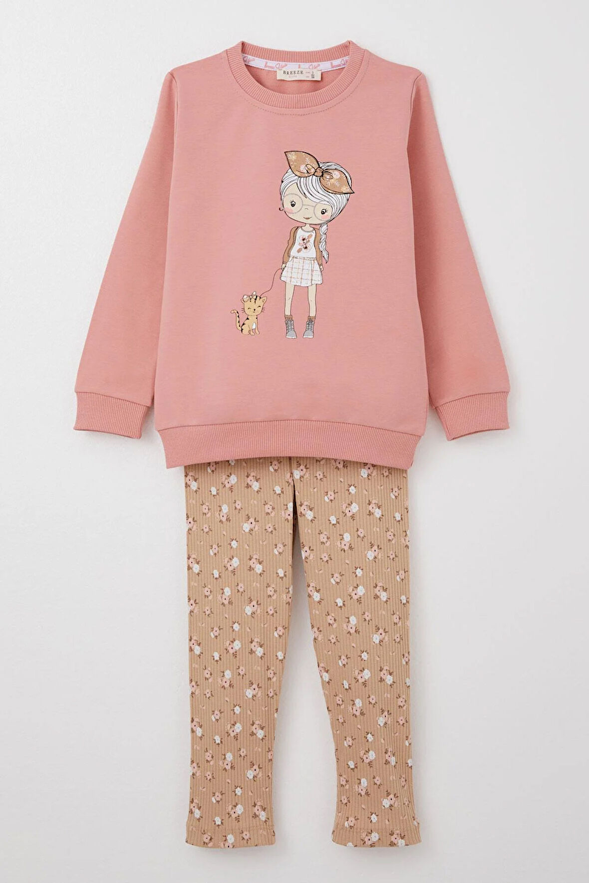 Breeze Kız Çocuk Taytlı Takım Sevimli Kız Baskılı Çiçekli 2-6 Yaş, Gülkurusu