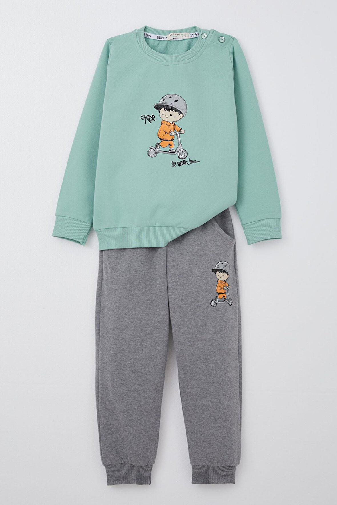 Breeze Erkek Bebek Eşofman Takım Scooter Süren Çocuk Baskılı 9 Ay-3 Yaş, Su Yeşili