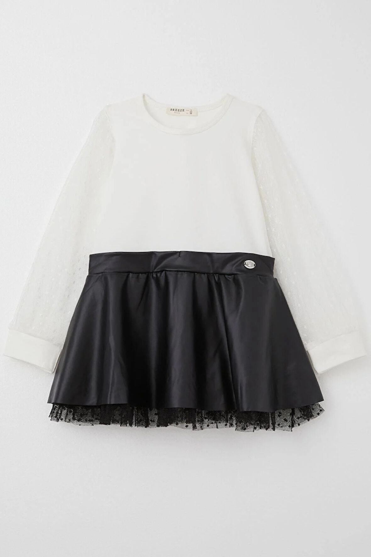 Breeze Kız Çocuk Uzun Kollu Elbise Etek Kısmı Deri Kolları Tül Detaylı 3-8 Yaş, Ekru