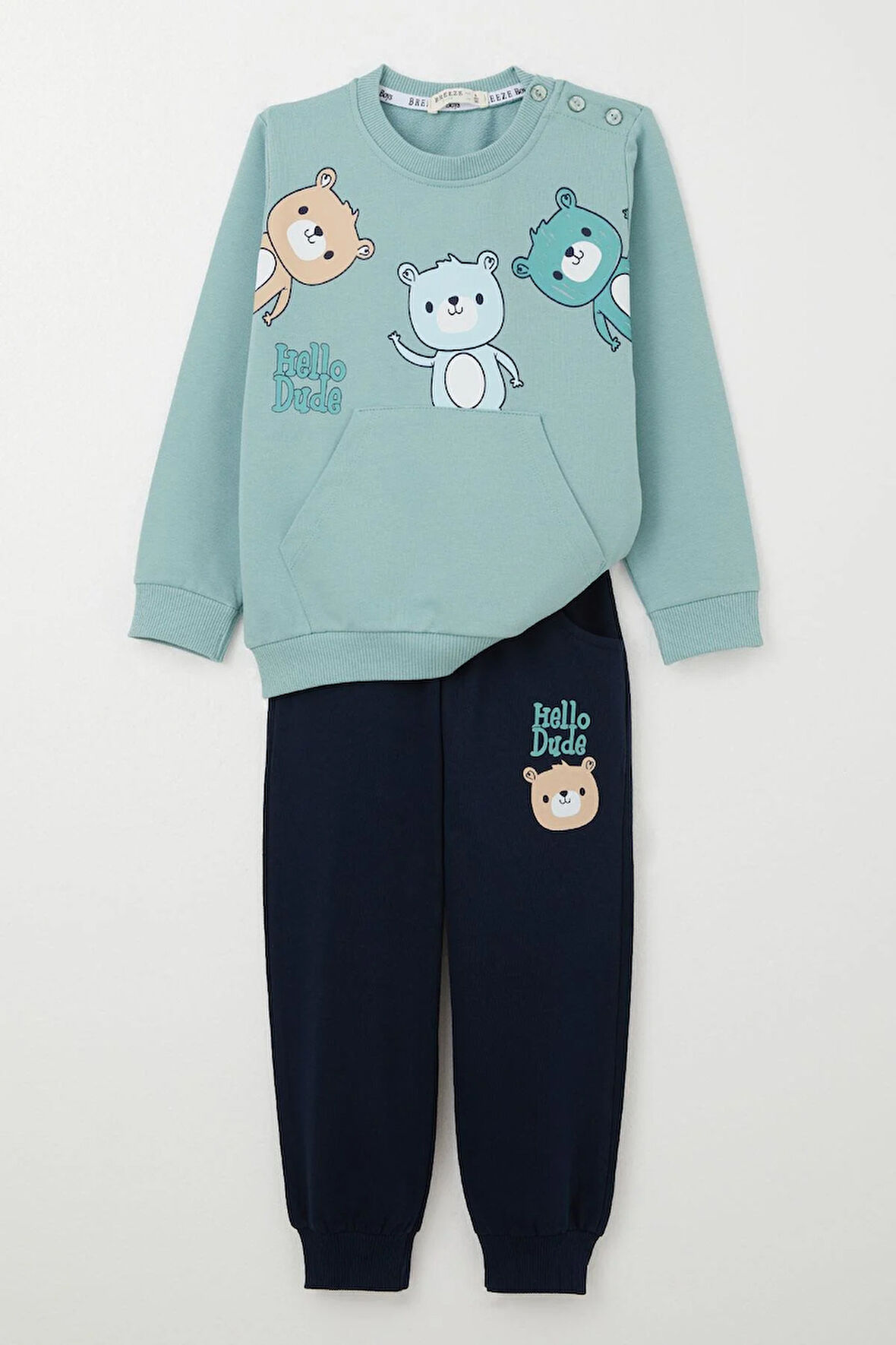 Breeze Erkek Bebek Eşofman Takım Kanguru Cepli Dost Ayıcıklar Baskılı 9 Ay-3 Yaş, Su Yeşili