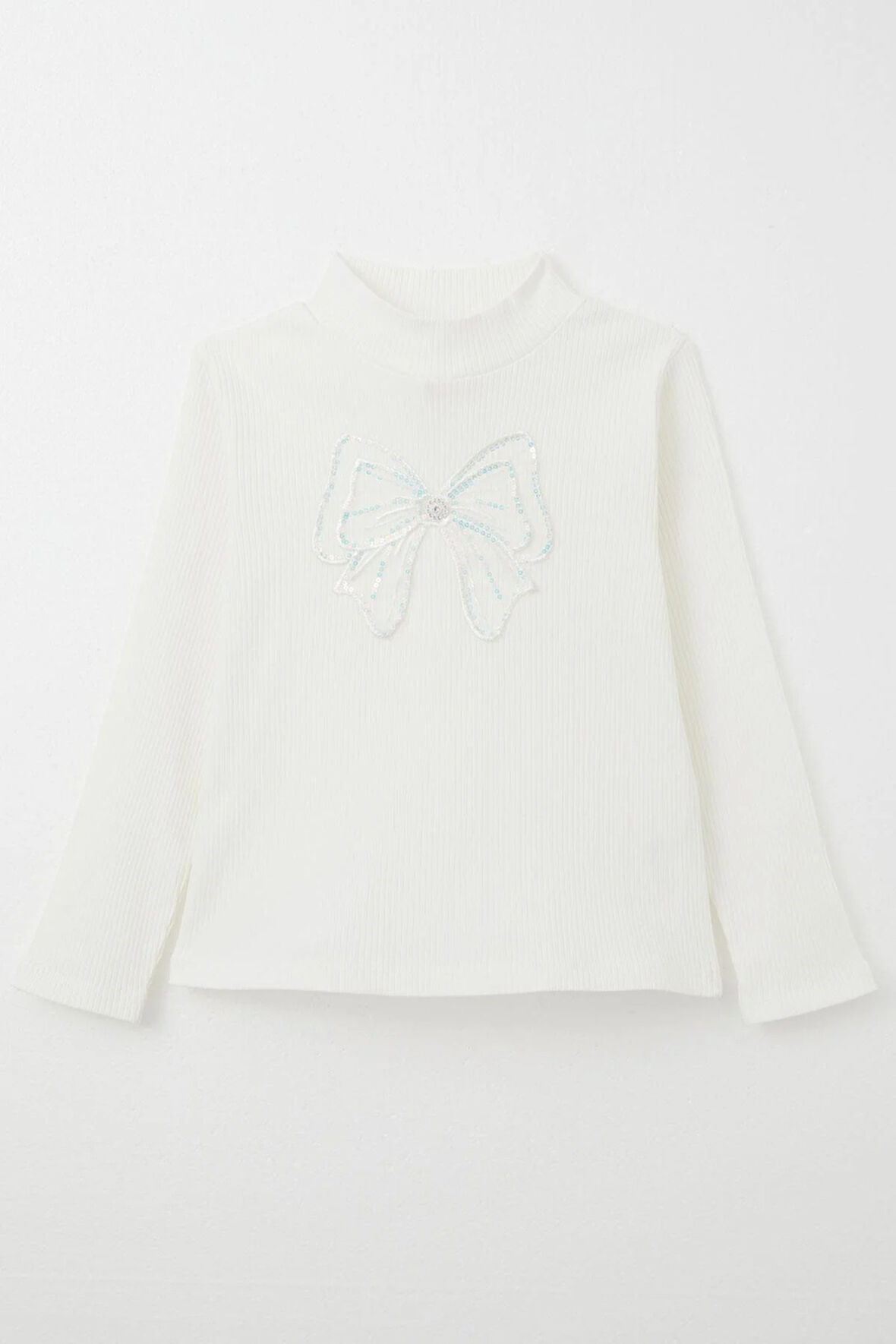 Breeze Kız Çocuk Uzun Kollu Tişört Tül Fiyonk Armalı 8-14 Yaş, Ekru