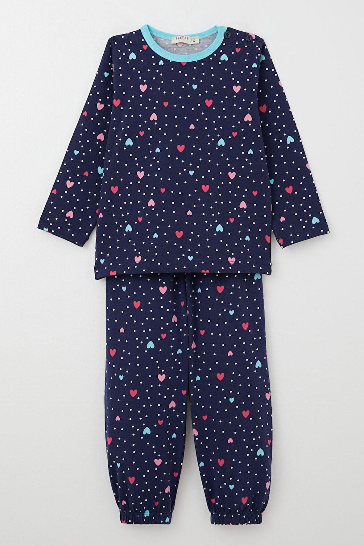 Breeze Kız Çocuk Pijama Takımı Renkli Kalp Desenli Puantiyeli 1-3 Yaş, Lacivert