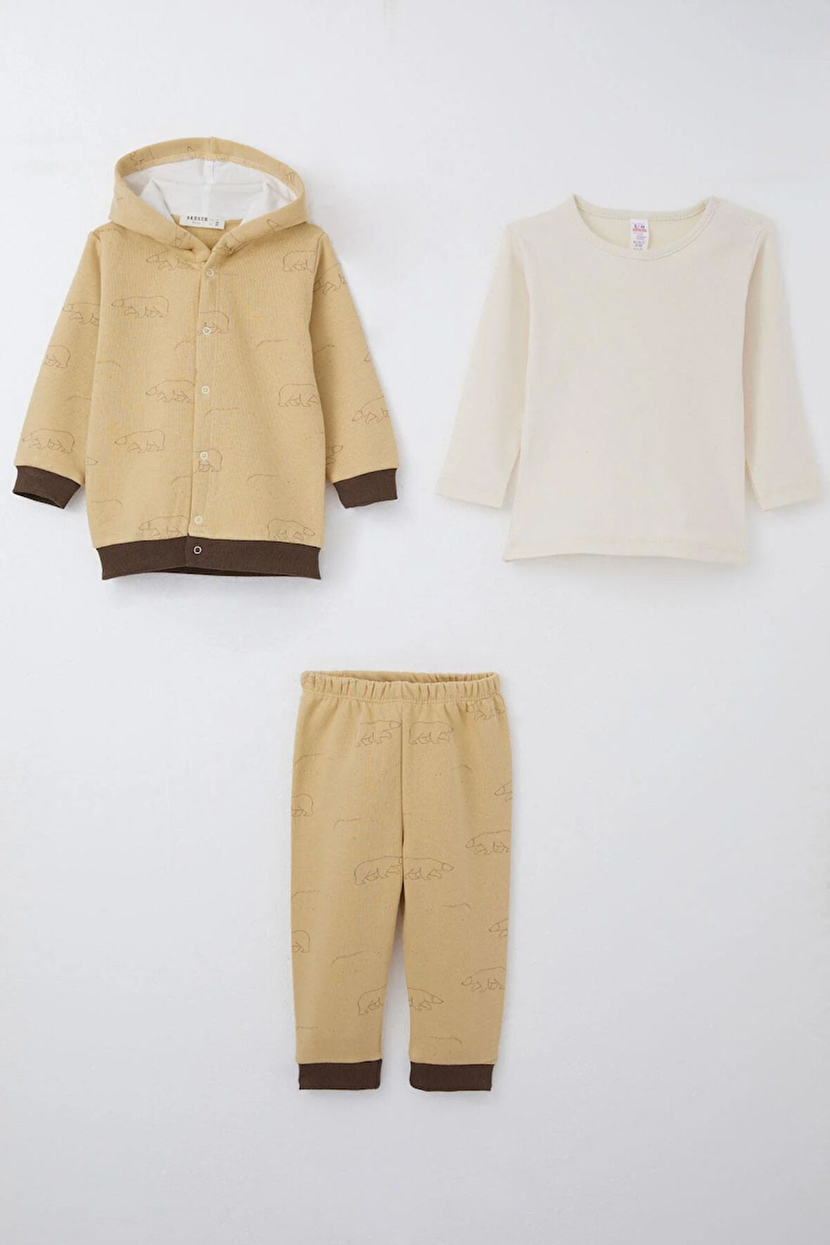 Breeze Erkek Bebek Bodyli 3 Lü Takım Kutup Ayısı Desenli 4 Ay-1 Yaş, Bej