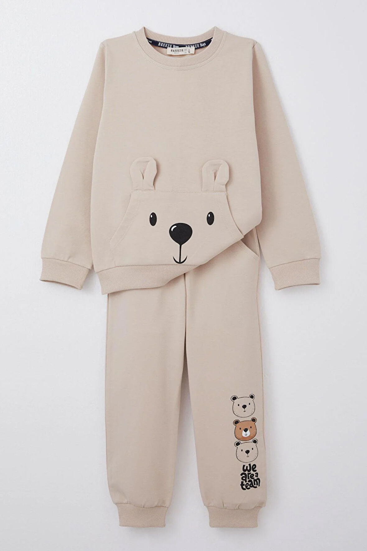 Breeze Erkek Bebek Eşofman Takım Sevimli Ayıcık Desenli Kanguru Cepli 9 Ay-3 Yaş, Bej