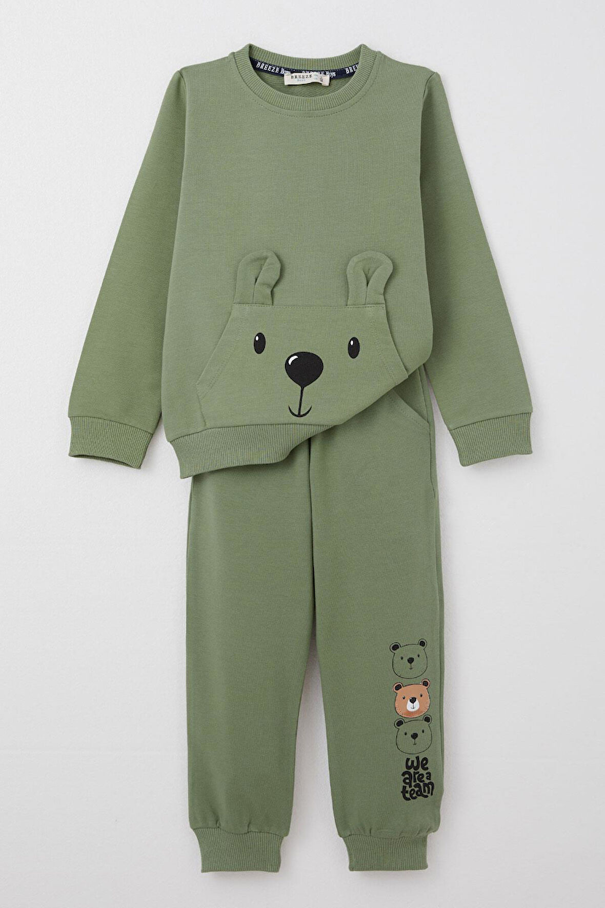Breeze Erkek Bebek Eşofman Takım Sevimli Ayıcık Desenli Kanguru Cepli 9 Ay-3 Yaş, Haki Yeşil