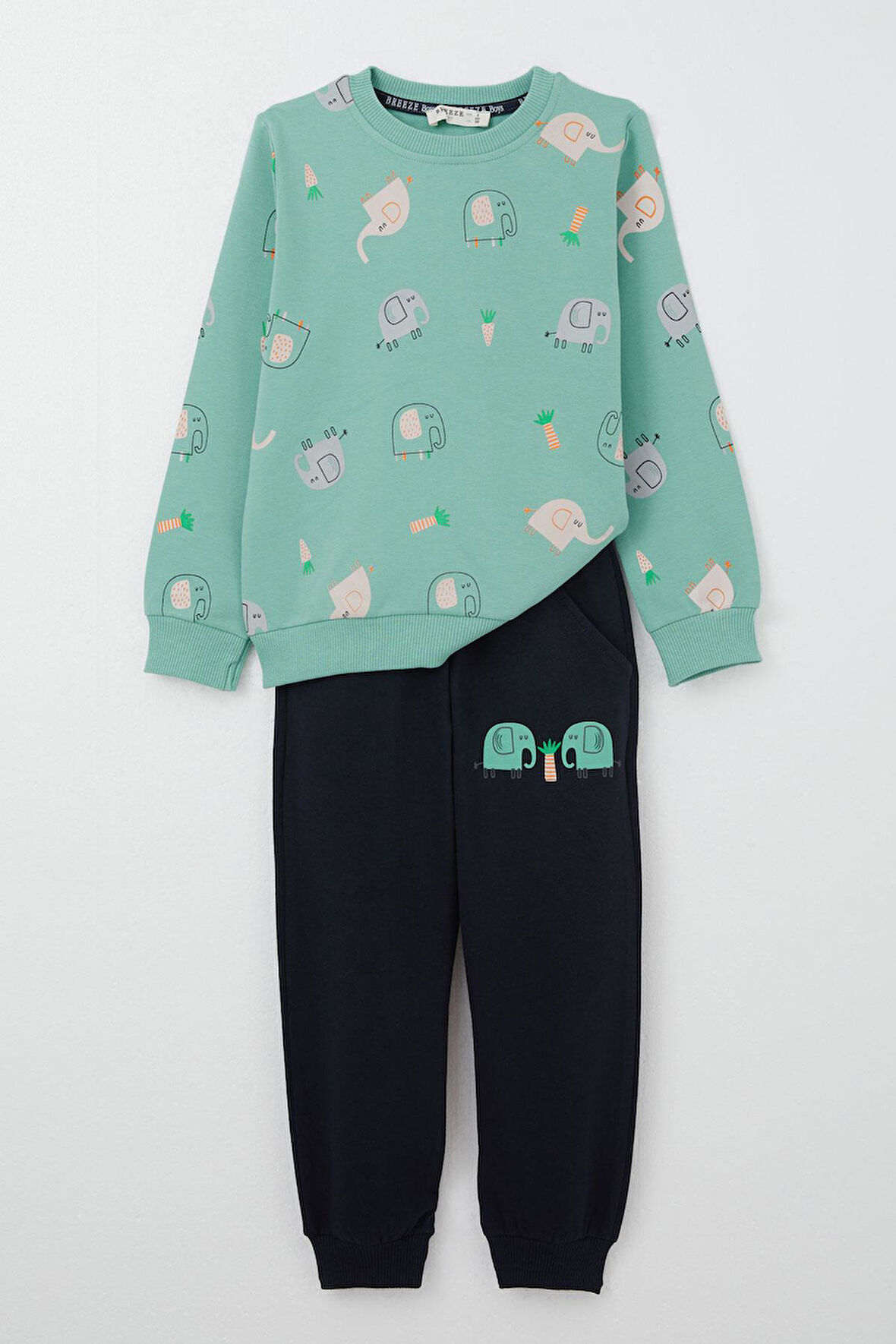 Breeze Erkek Çocuk Eşofman Takım Sevimli Fil Desenli 1-4 Yaş, Su Yeşili