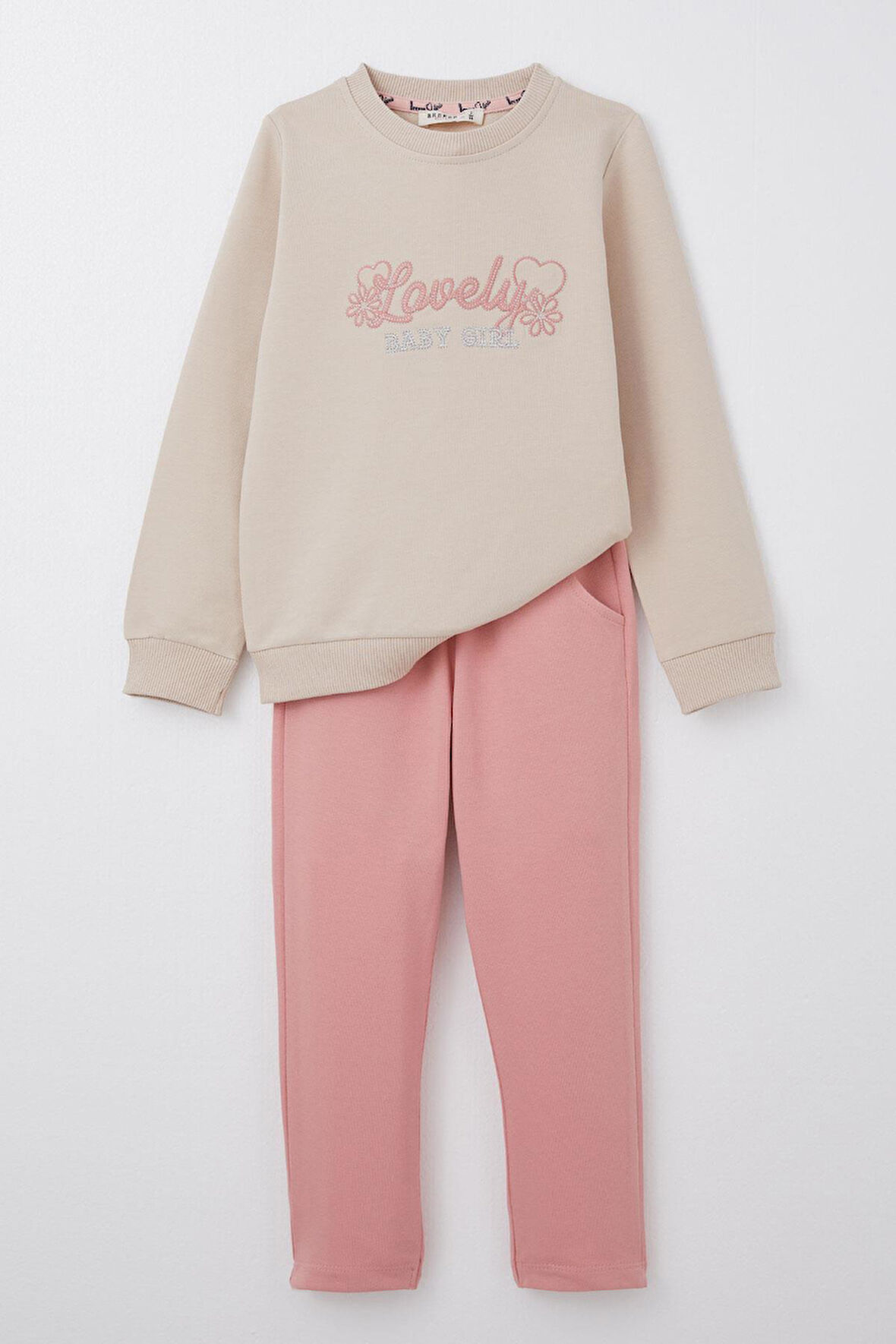 Breeze Kız Çocuk Eşofman Takım Sevgi Temalı Yazı Nakışlı 1-4 Yaş, Bej