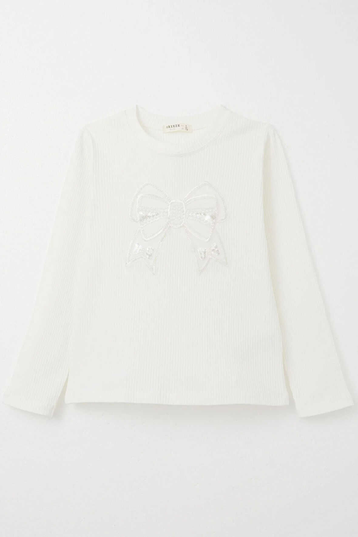 Breeze Kız Çocuk Uzun Kollu Tişört Kelebek Armalı İncili 8-14 Yaş, Ekru