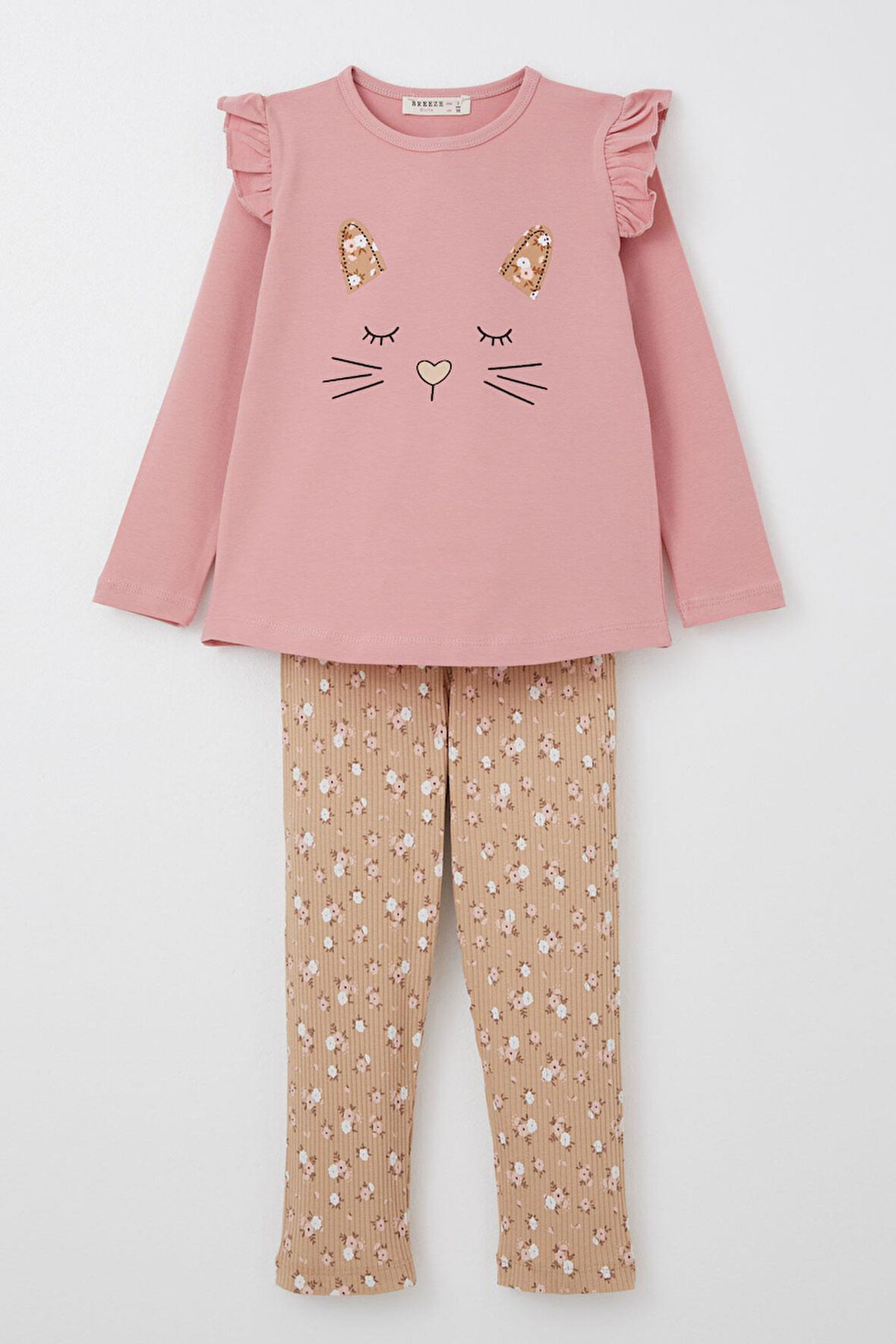 Breeze Kız Çocuk Taytlı Takım Sevimli Hayvancık Baskılı Çiçekli 1.5-5 Yaş, Gülkurusu