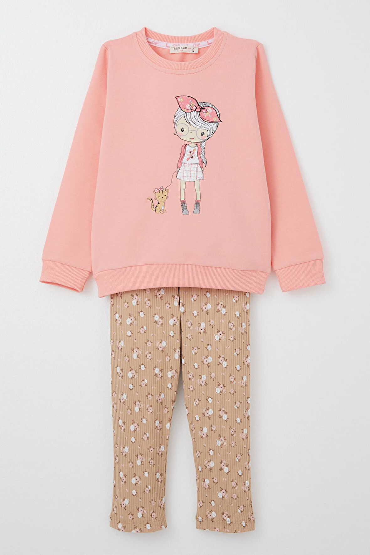 Breeze Kız Çocuk Taytlı Takım Sevimli Kız Baskılı Çiçekli 2-6 Yaş, Somon