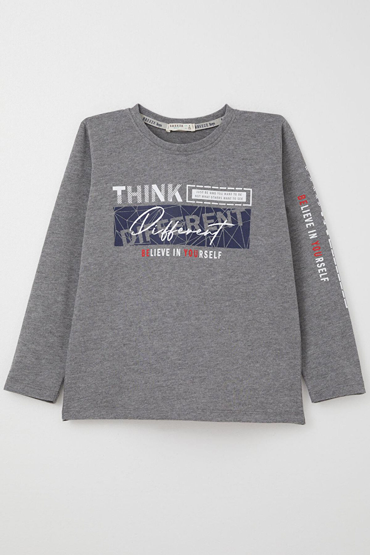 Breeze Erkek Çocuk Uzun Kollu Tişört Motivasyon Temalı Sırt Kısmı Baskılı 6-12 Yaş, Koyu Gri Melanj