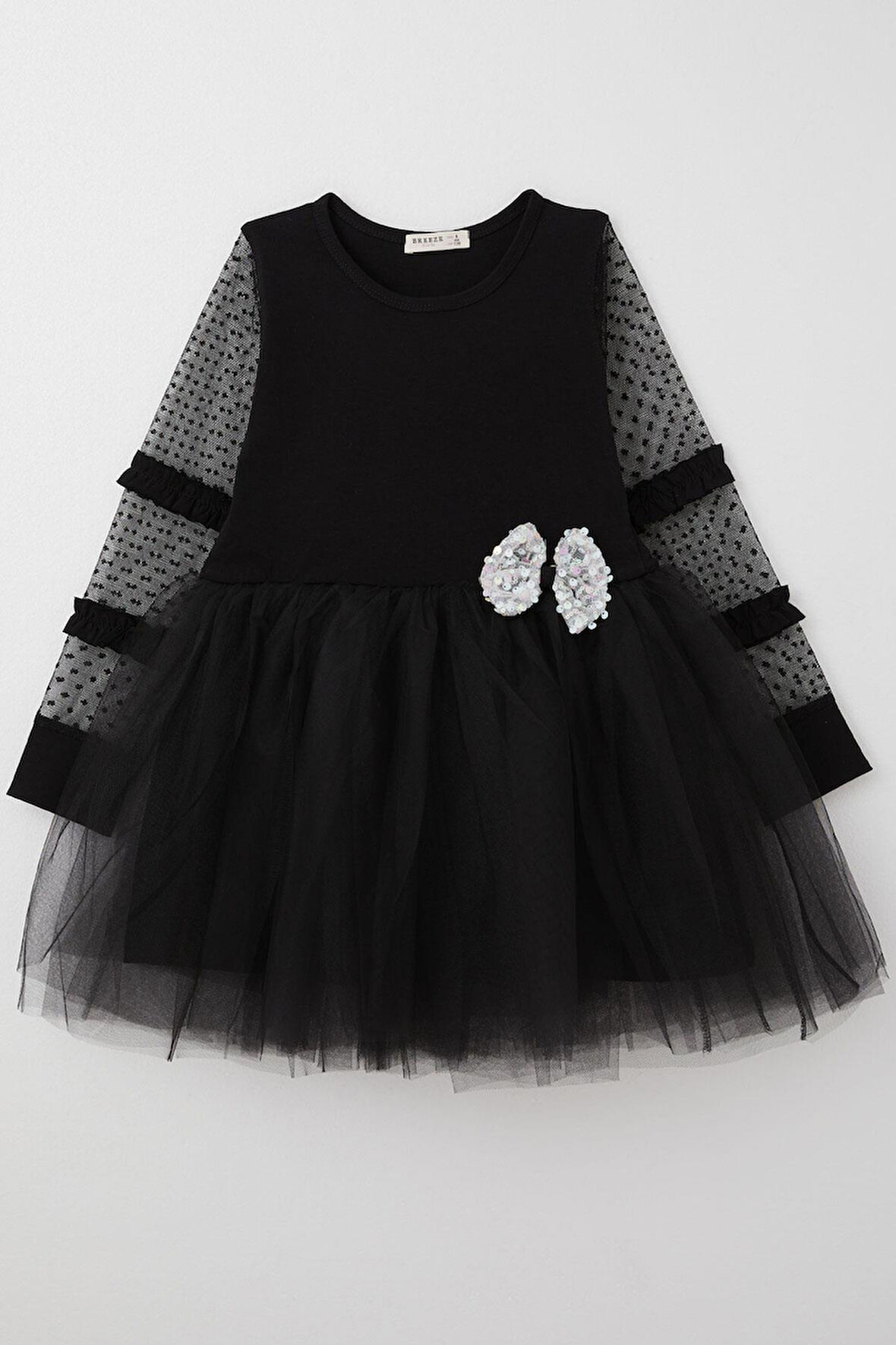Breeze Kız Çocuk Uzun Kollu Elbise Kolları Tül Fiyonk Aksesuarlı Tüllü 5-10 Yaş, Siyah