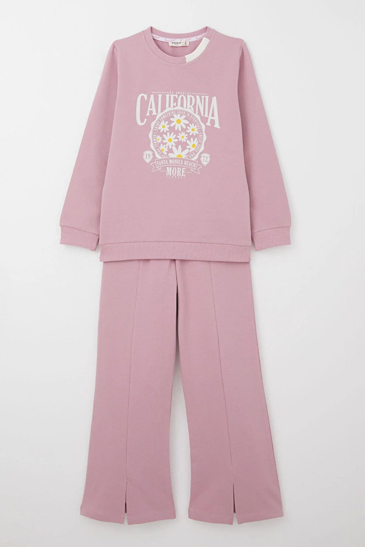 Breeze Kız Çocuk Eşofman Takım Çiçek Baskılı Geniş Paça Yırtmaçlı 5-10 Yaş, Gülkurusu