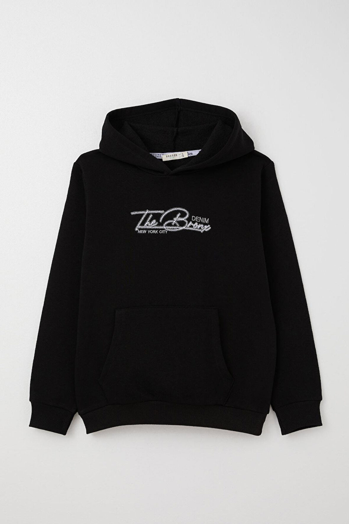 Breeze Erkek Çocuk Sweatshirt Yazı Nakışlı Kanguru Cepli 4-8 Yaş, Siyah