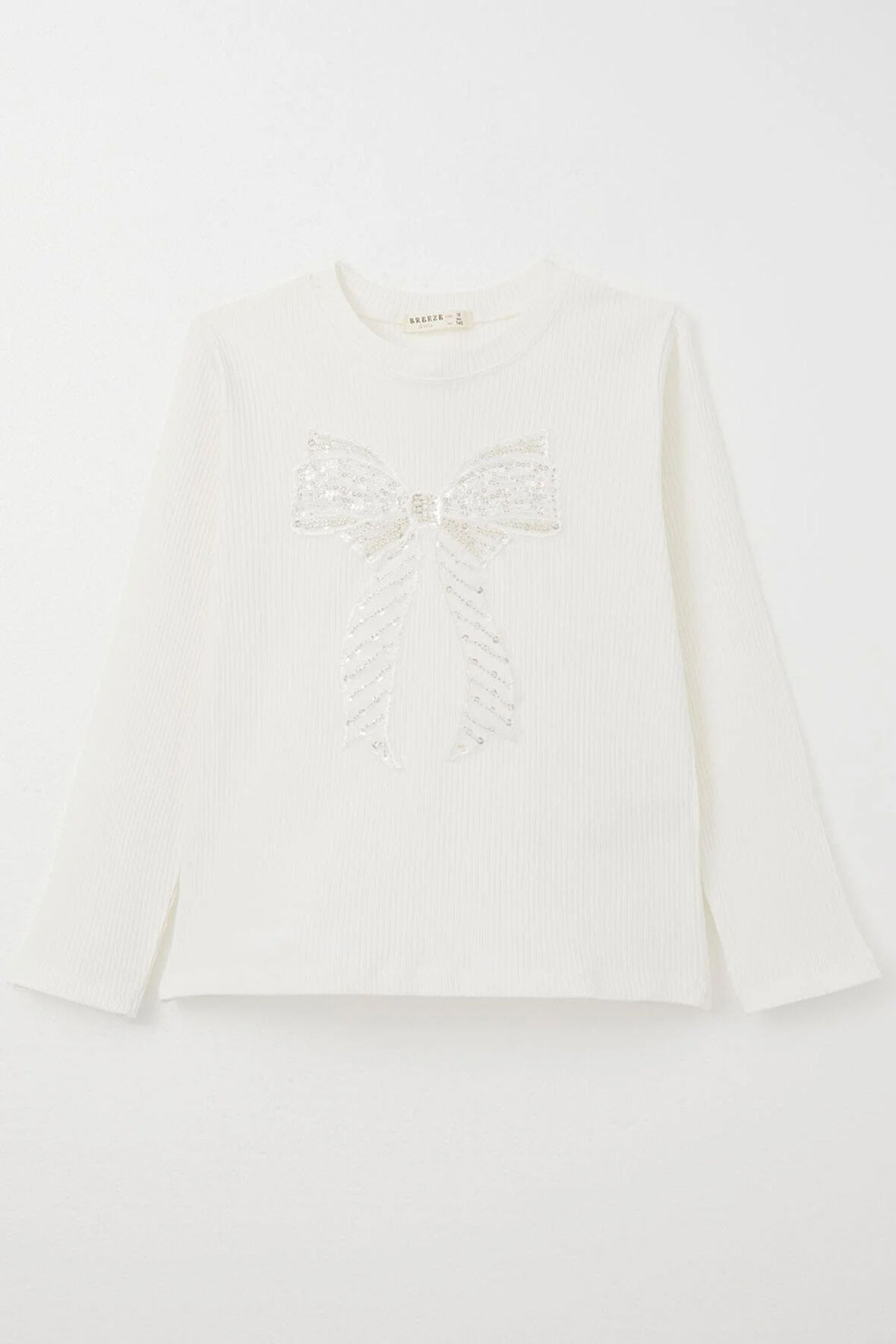 Breeze Kız Çocuk Uzun Kollu Tişört Tül Fiyonk Armalı Pullu 9-14 Yaş, Ekru