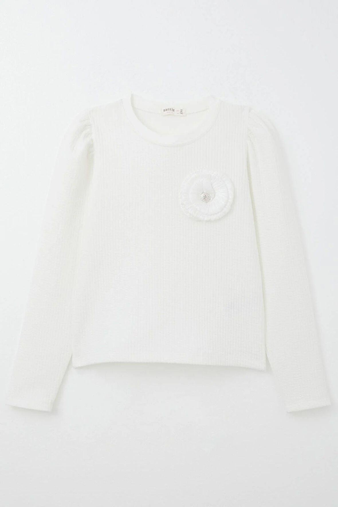 Breeze Kız Çocuk Uzun Kollu Tişört Taşlı Gül Armalı 9-14 Yaş, Ekru