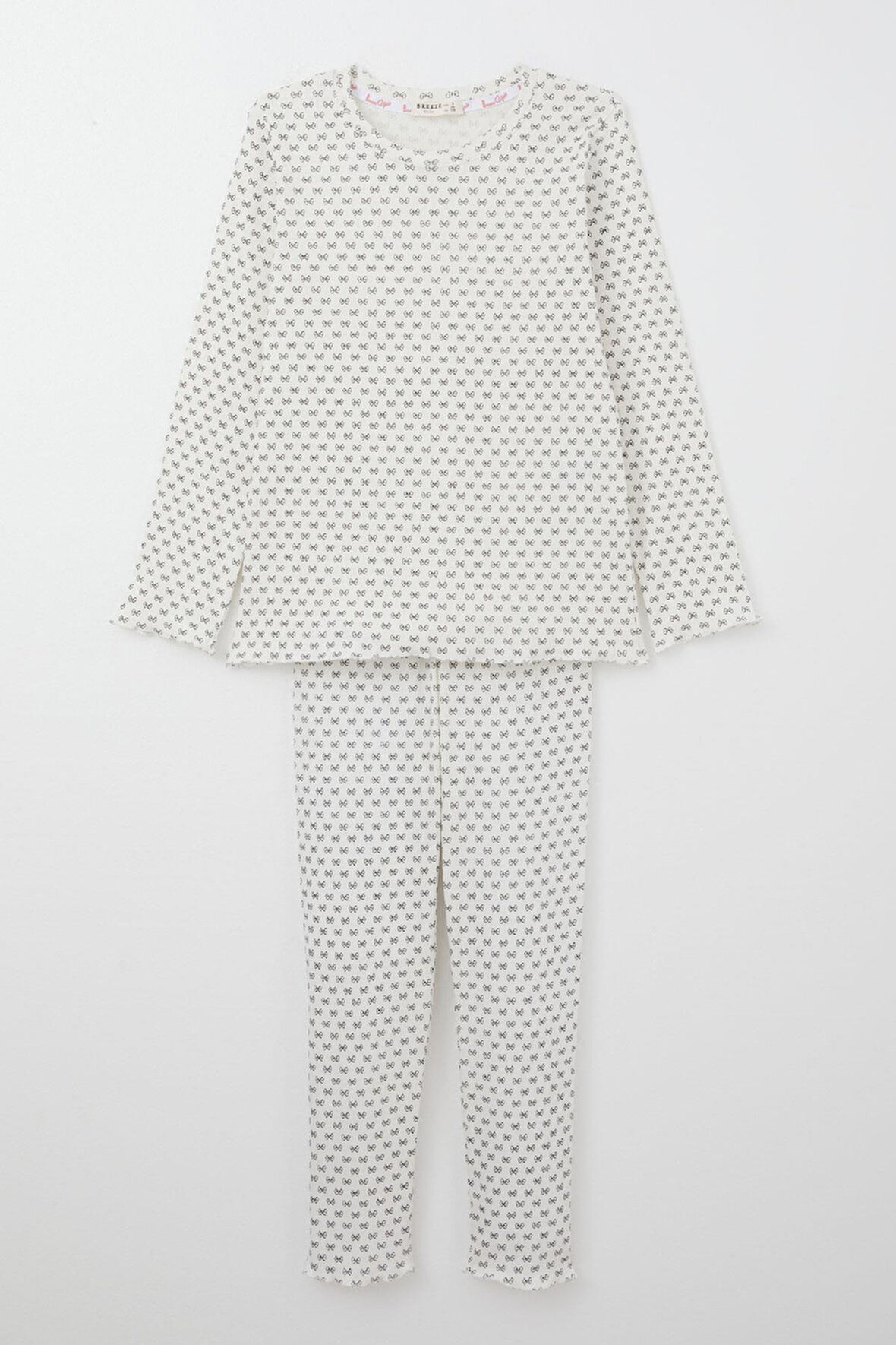 Breeze Kız Çocuk Pijama Takım Fiyonk Desenli 4-8 Yaş, Ekru