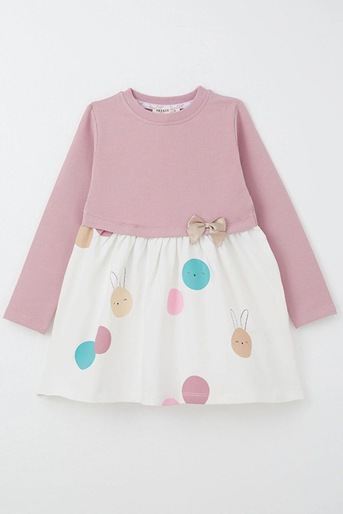 Breeze Kız Çocuk Uzun Kollu Elbise Sevimli Renkli Tavşancık Baskılı 1.5-5 Yaş, Gülkurusu