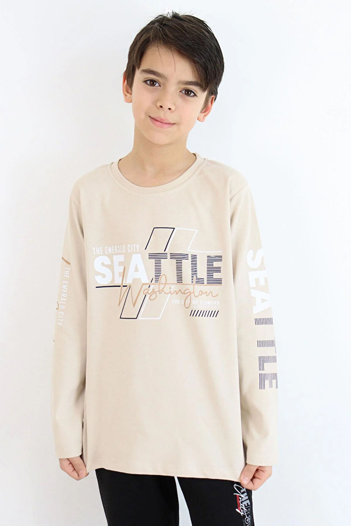 Breeze Erkek Çocuk Uzun Kollu Tişört Renkli Yazı Baskılı 6-12 Yaş, Bej