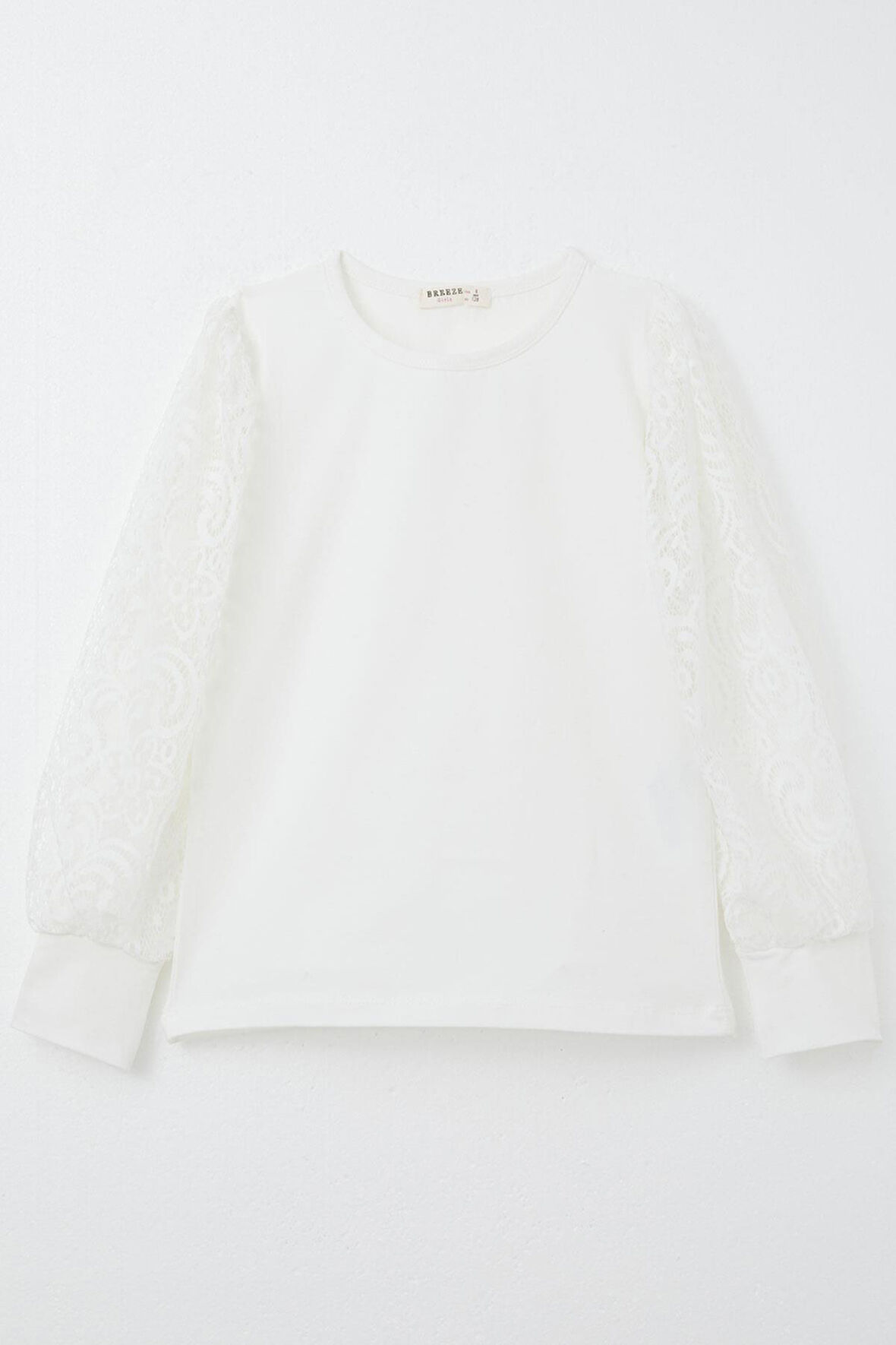 Breeze Kız Çocuk Uzun Kollu Tişört Kolları Dantel Detaylı 8-12 Yaş, Ekru