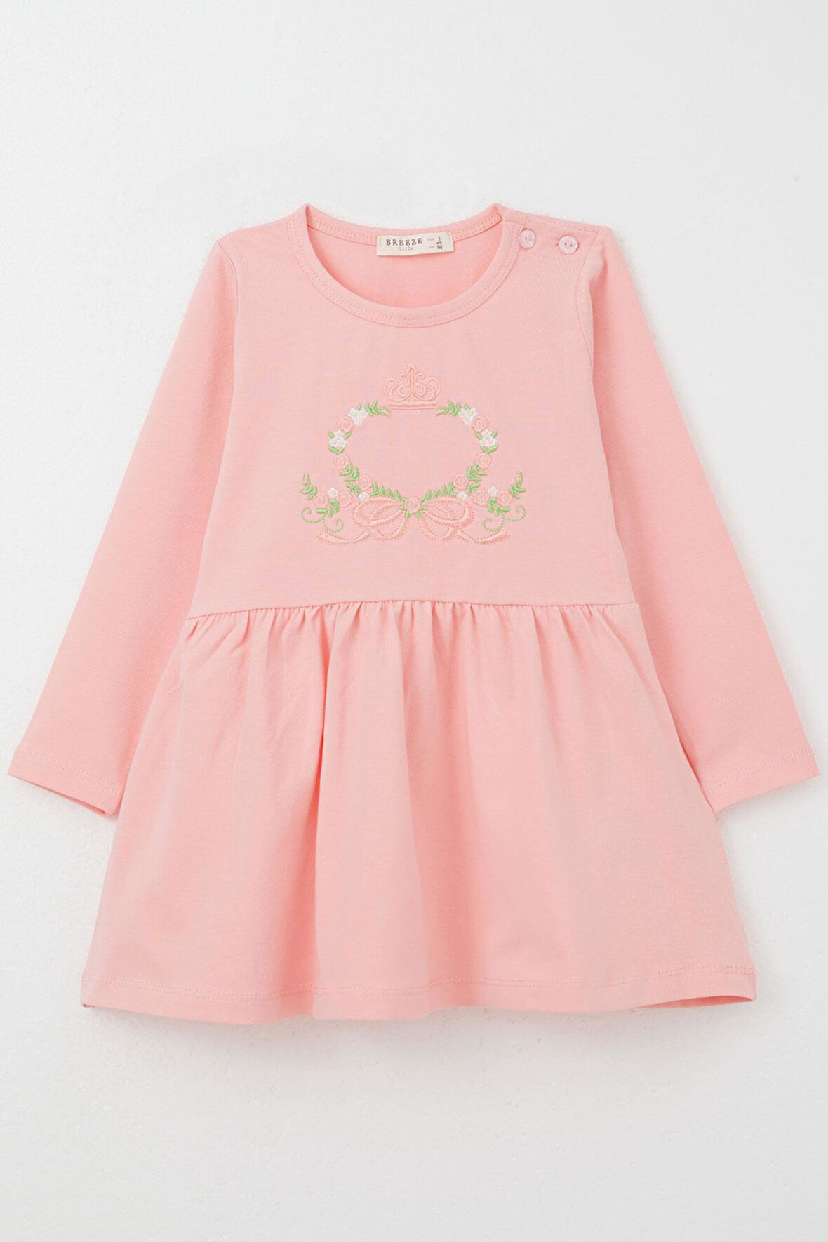 Breeze Kız Çocuk Uzun Kollu Elbise Renkli Çiçek Nakışlı 1.5-5 Yaş, Pembe