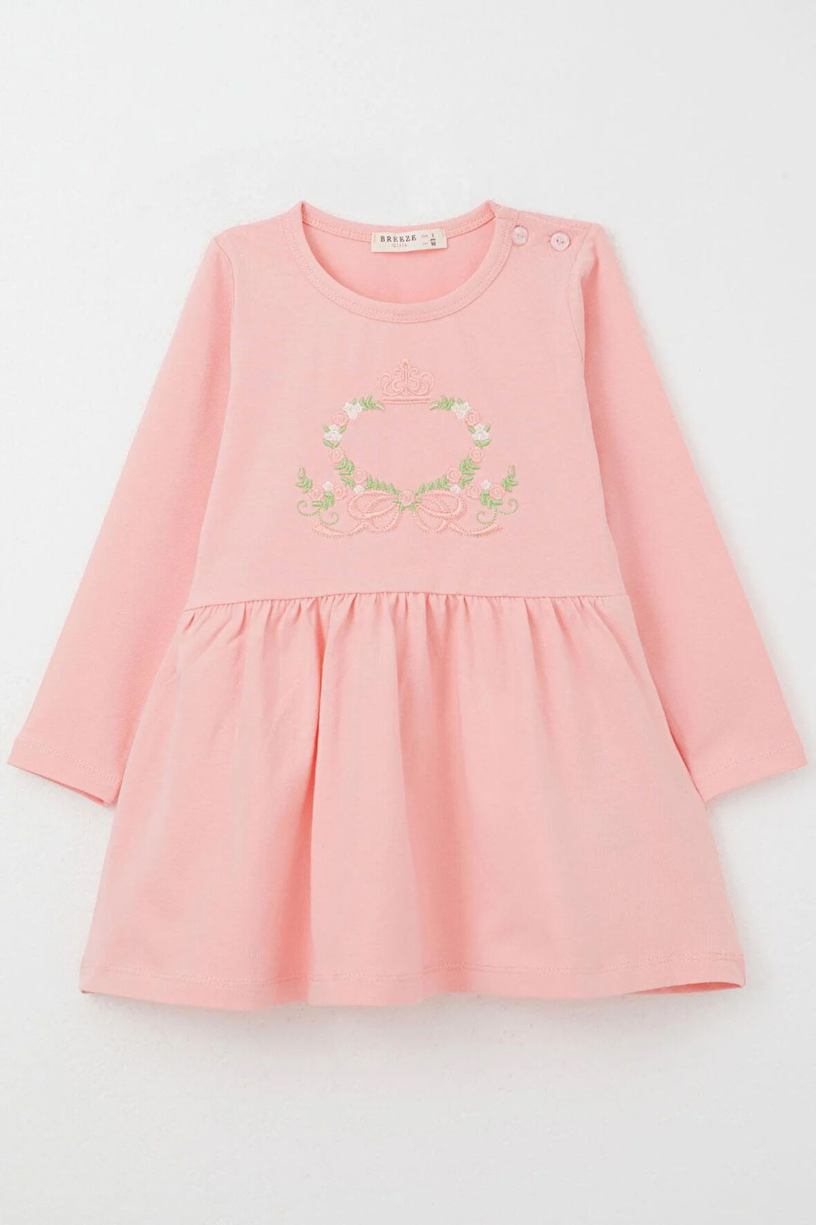 Breeze Kız Çocuk Uzun Kollu Elbise Renkli Çiçek Nakışlı 1.5-5 Yaş, Pembe