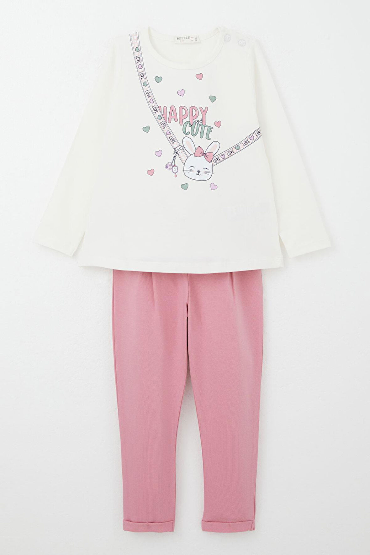 Breeze Kız Bebek Taytlı Takım Mutlu Tavşancık Baskılı Kalpli 9 Ay-3 Yaş, Ekru