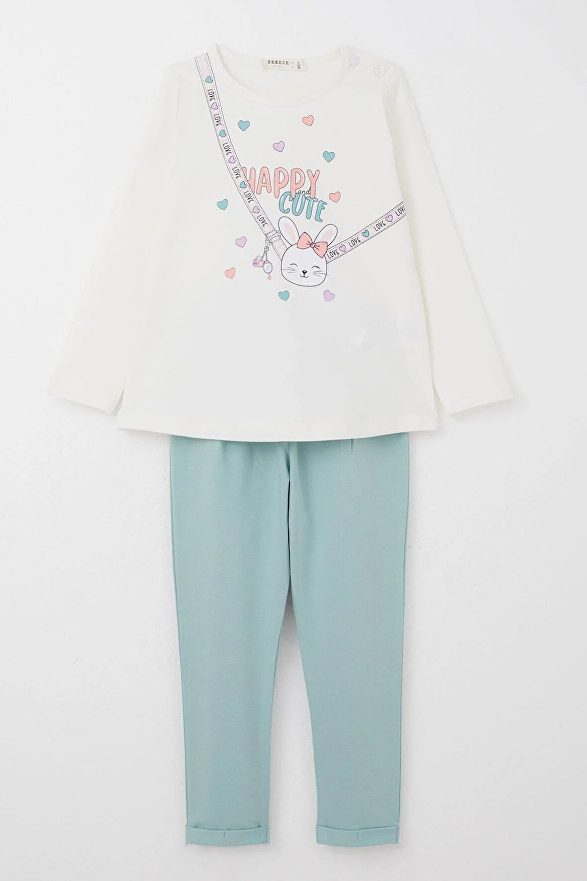 Breeze Kız Bebek Taytlı Takım Mutlu Tavşancık Baskılı Kalpli 9 Ay-3 Yaş, Ekru