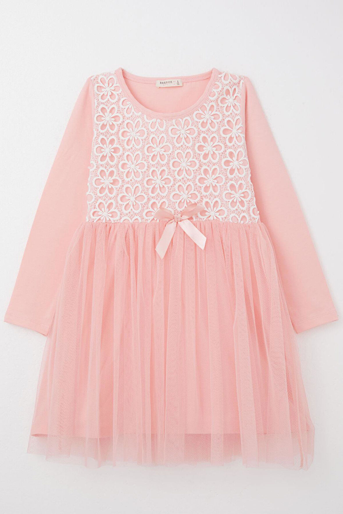 Breeze Kız Çocuk Uzun Elbise Çiçek Güpür Nakışlı 4-8 Yaş, Pembe