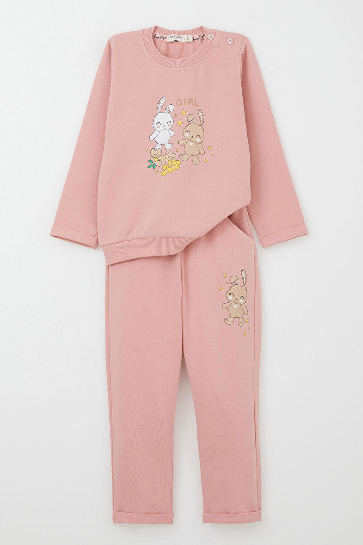 Breeze Kız Bebek Eşofman Takım Mutlu Arkadaş Tavşnacıklar Baskılı Çiçekli 9 Ay-3 Yaş, Gülkurusu