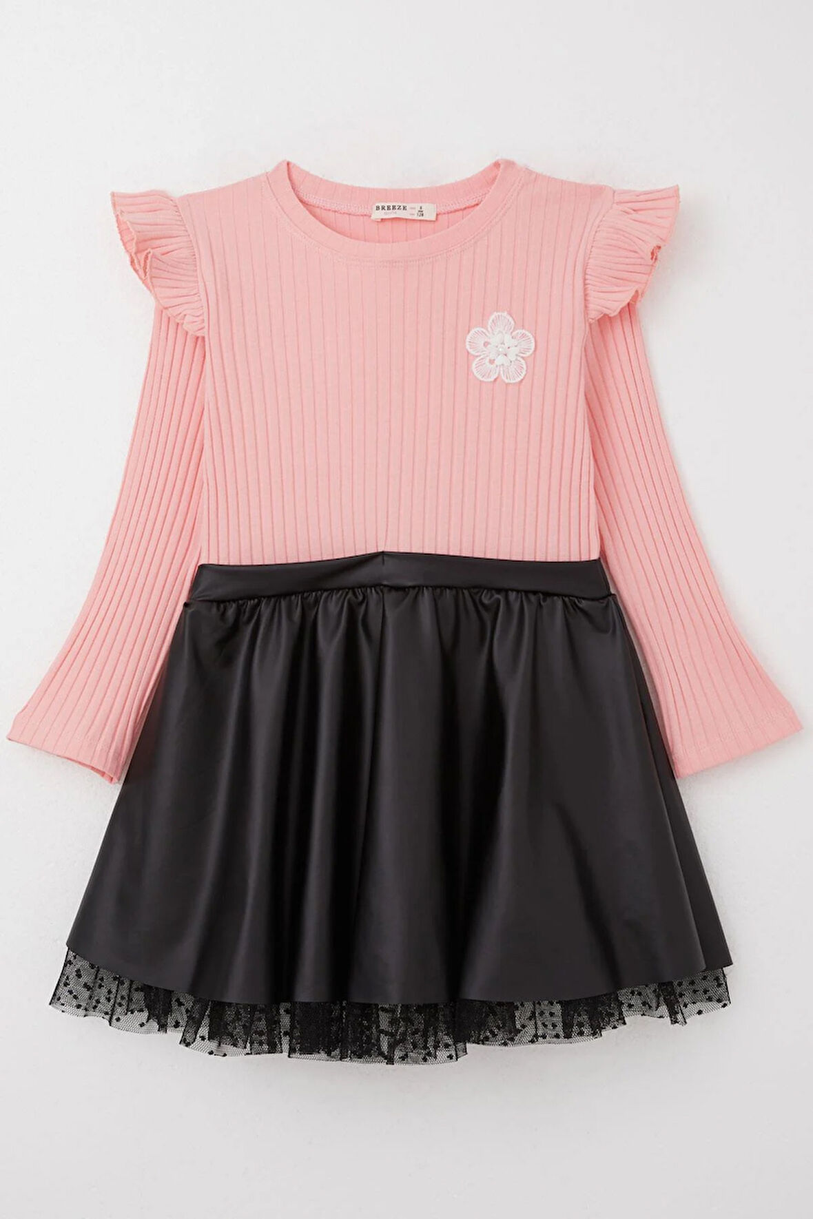 Breeze Kız Çocuk Uzun Kollu Elbise Etek Kısmı Deri Çiçek Aksesuarlı 5-10 Yaş, Pembe