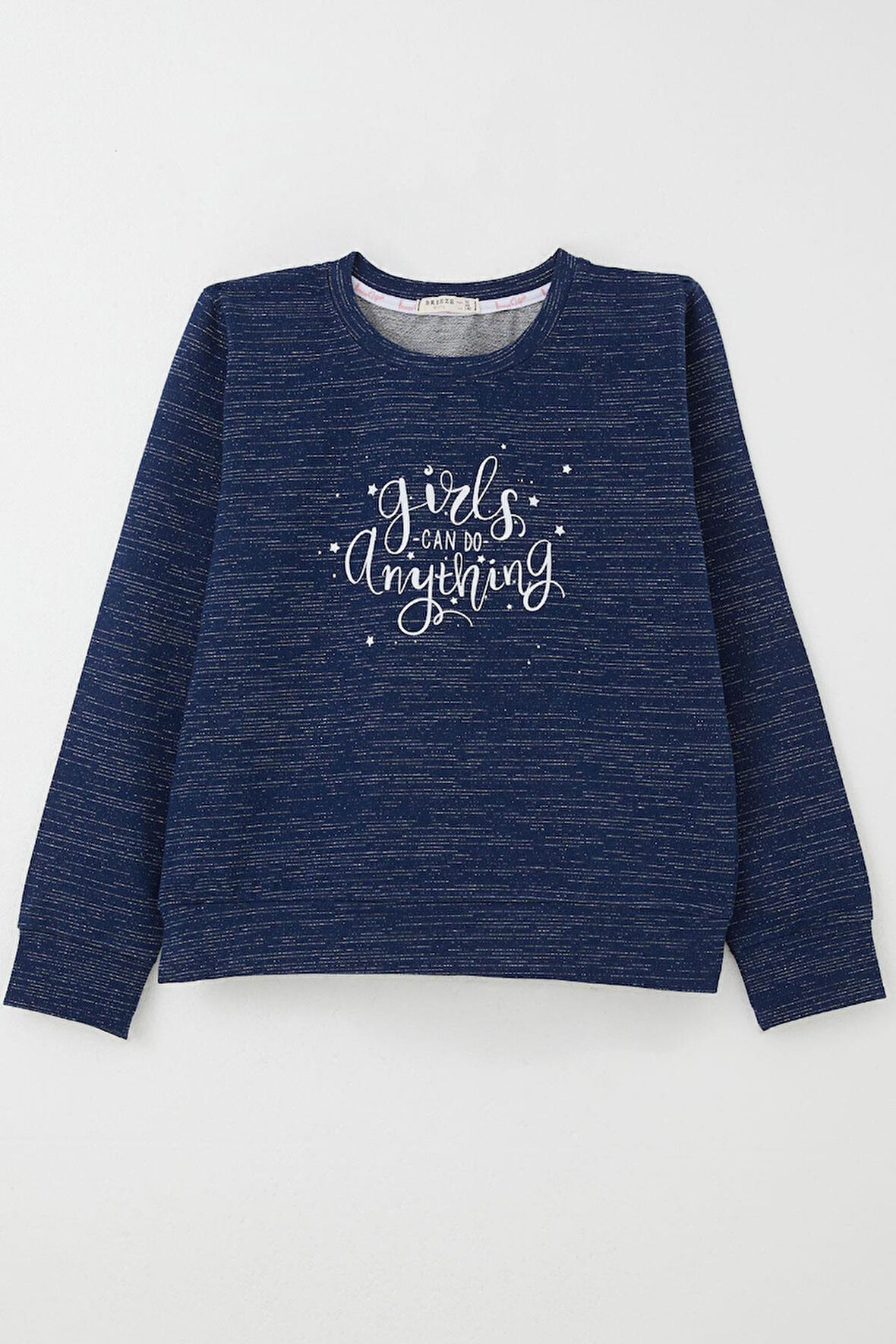 Breeze Kız Çocuk Sweatshirt Yazı Baskılı Yıldızlı 9-14 Yaş, Lacivert Melanj